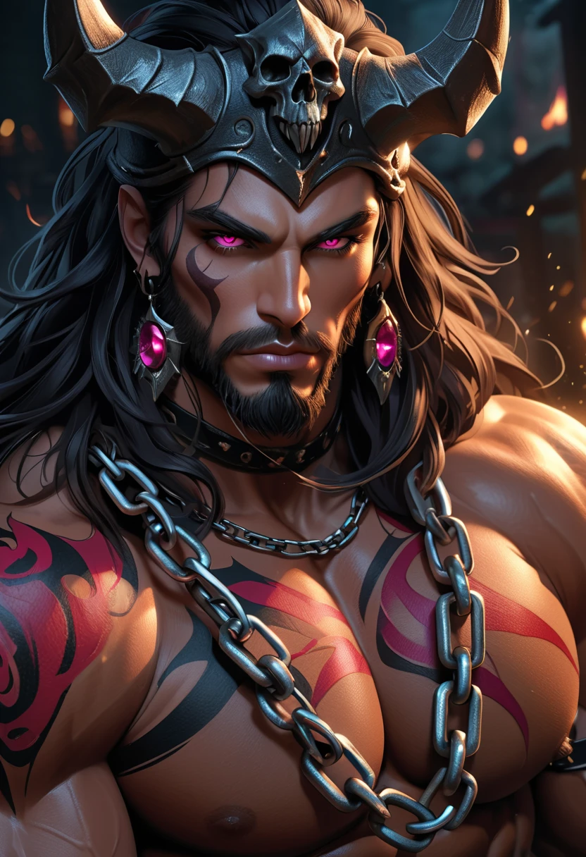 masterpiece, a sexy masculine man with body hair and stubble beard, long black hair, glowing red eyes, werewolf, defined abs, biceps, shoulders and perky nipples, 2d anime style, symmetrical face, masterpiece,