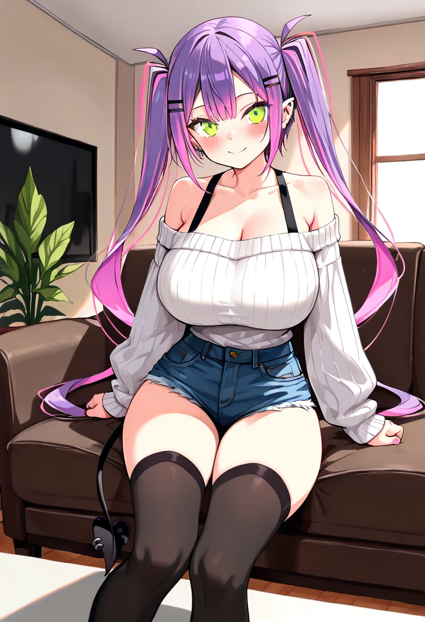 best quality, (masterpiece),(ultra-detailed), (high quality), (high resolution), pink hair, (brown hair), blue eyes, black tank top, blue jeans, shoes with long socks, huge breasts, (2heads:1.5), sharp eyes