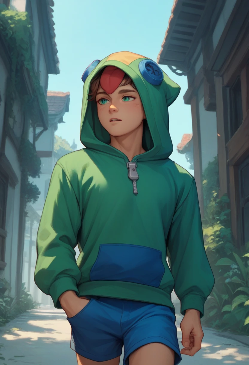 Male Leon. Green hoodie. Litle boy. Blue shorts