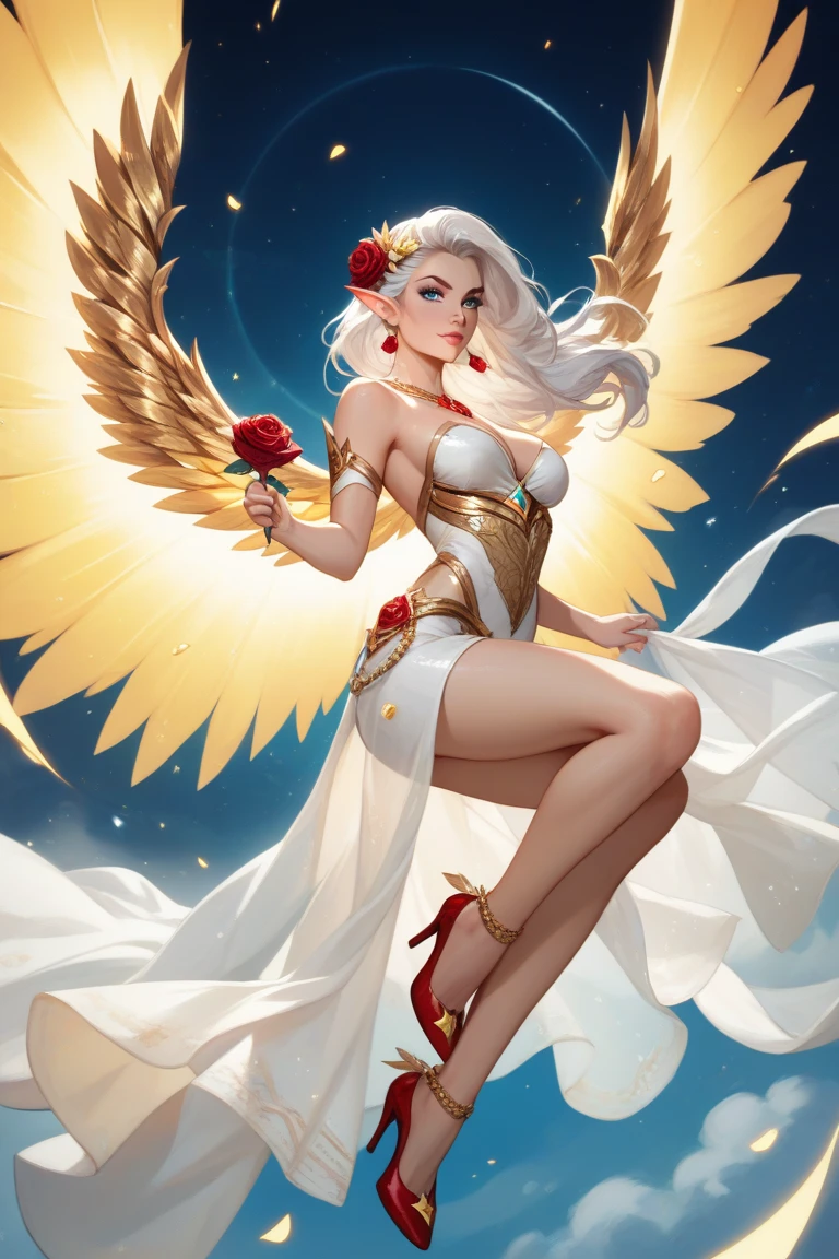 ((colorful dress, colorful theme, clothing, red theme, Very bright colors, Light particles)), symmetry, portrait, full body shot, accurate, 16k, highres, best quality, award winning, super detail, anatomically correct, masterpiece, retina, UHD, Ombre, Smile, Cleavage, Pure, High heels, Laces, Glitter, No bra, Offshoulder, Highly detailed facial and skin textures, Detailed eyes, Choker, Full body photoshoot, Full body, Far view, Full body in view, High heels in view, Attractive legs, Sexy legs, Tall legs, Slim figure, Dressed, (photorealistic: 1.4, clear: 1.2, perfect body: 1.4, beauty: 1.4, slim abdomen: 1.2, big breasts: 1.2, fit: 1.5, full-body shot: 1.4, random hairstyles: 1.2),((full body female angel, shining halo over head, extremely bright halo, halo)), 1 angel girl, shining wings, shining halo, exquisite headdress, beautiful female angel, large wings, white hair, white wings, on clouds, golden eyes, beautiful angel, attractive angel, clouds, glowing eyes