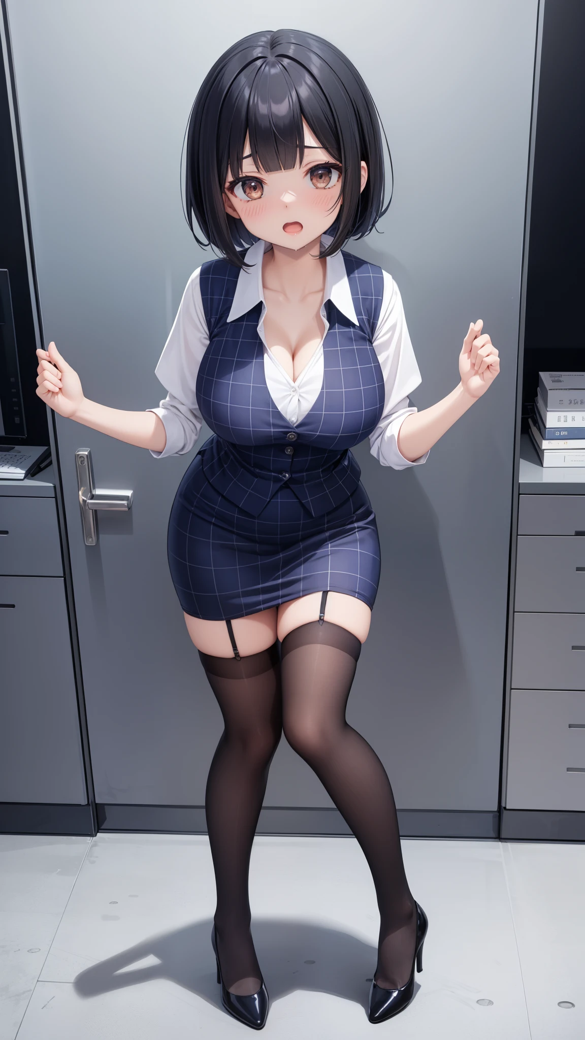 Best quality, anime girl, blue hair, glasses, slim and curvaceous body, skort skirt, big bust