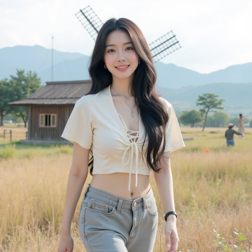 ((Best picture quality, 8K, tmasterpiece:1.3))，((1个Giant Breast Girl))，A small braid，Ultra-fine face，A detailed eye，ssmile，Small chest，Slender abs，Legs are very thin and long，The butt is upturned，((Yellow T-shirt，Black skinny jeans，Black leather shoes，Green wheat field in background))，