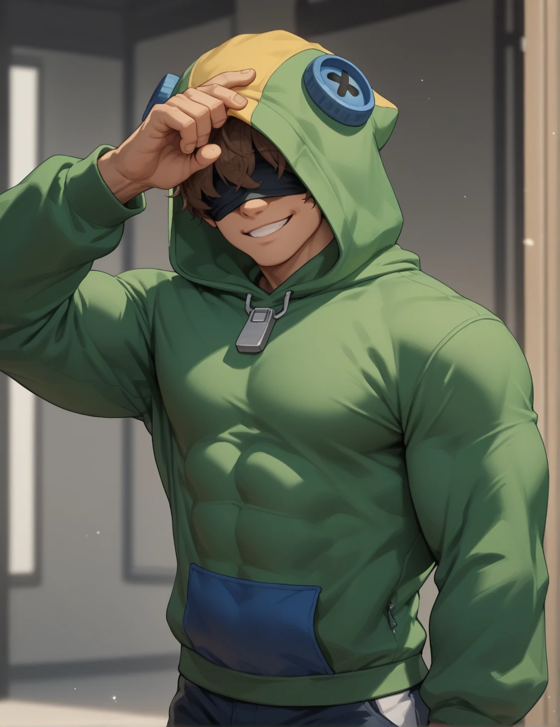 Male Leon, looking at viewer, brown hair, light smile, covered eyes, portait. Green hoodie. Muscular body anatomy. Muscles visible through clothes. Tight hoodie