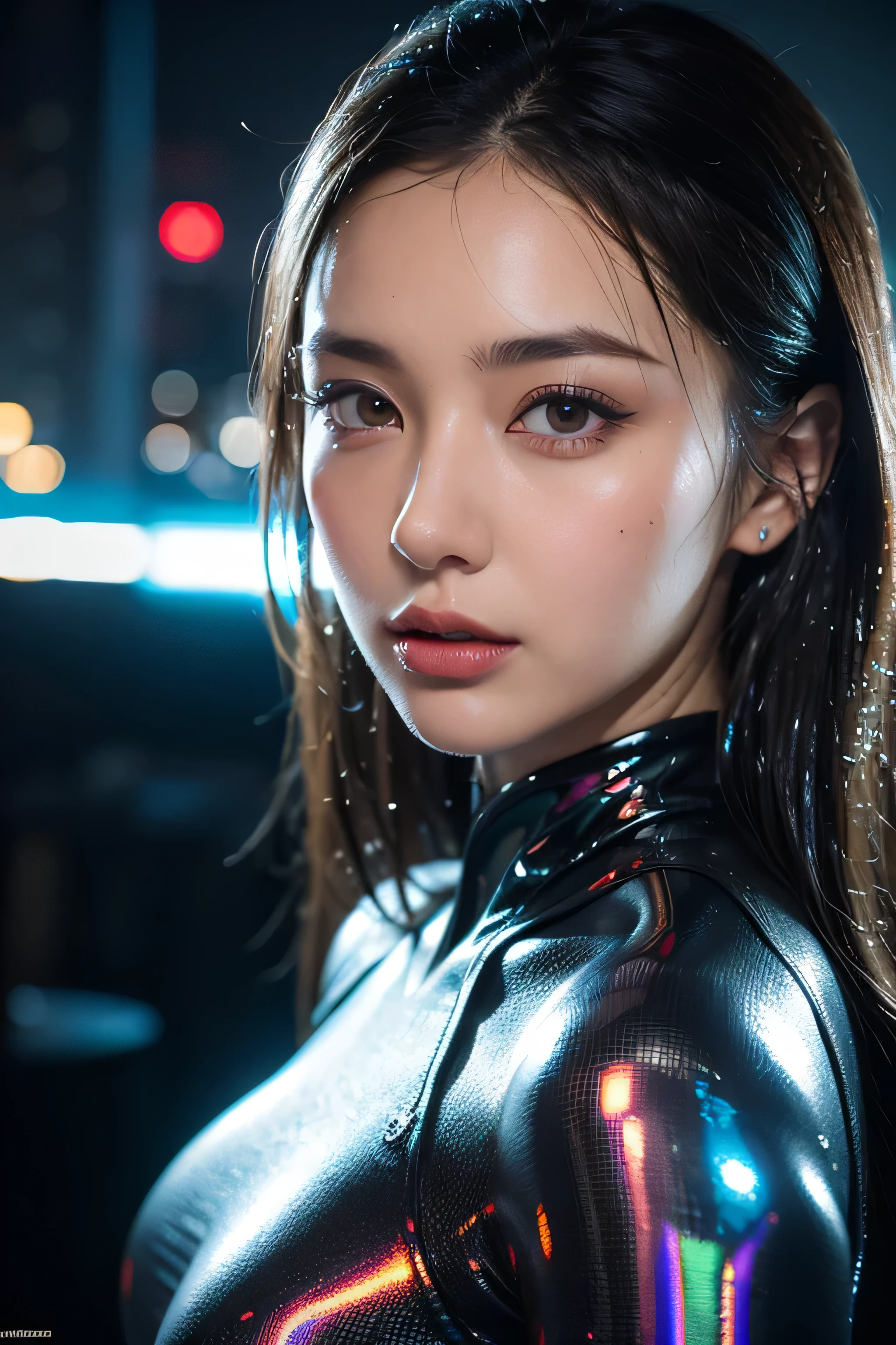 Create a full-body, highly realistic photograph of a stunning and confident woman wearing futuristic and sexy sci-fi clothing. Her outfit is a sleek, form-fitting bodysuit with metallic accents, translucent panels, and glowing neon details, inspired by cyberpunk fashion. The setting is a high-tech cityscape at night, with holographic advertisements and vibrant neon lights reflecting off wet streets. Her pose is powerful and dynamic, exuding strength and allure. Pay attention to the details of her facial expression, hair texture, and the intricate design of her outfit, ensuring a polished and artistic result. The overall tone should be futuristic and edgy, focusing on bold fashion and sci-fi aesthetics without being explicit."
