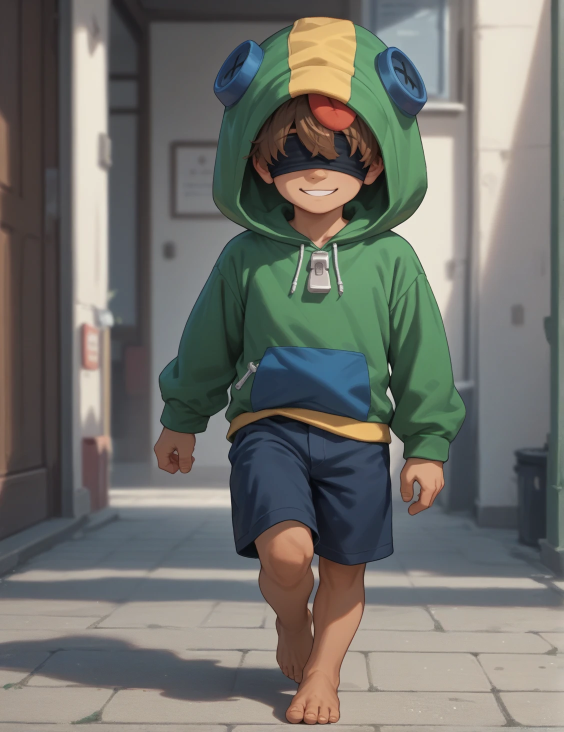 Male Leon, looking at viewer, brown hair, light smile, covered eyes, portait. Green hoodie. boy body anatomy. Full body