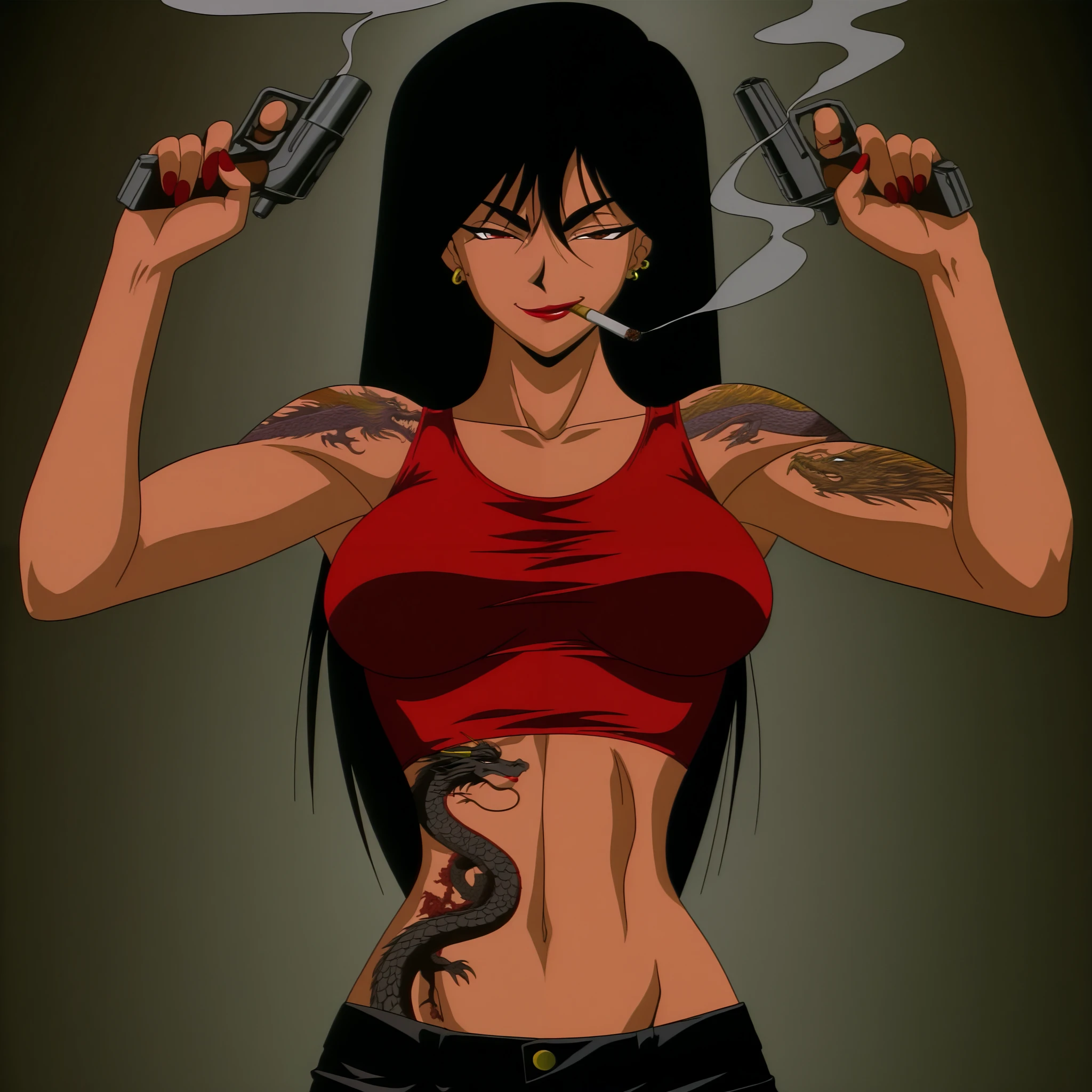 terayama reiko, black hair, long hair, , 1girl, ear piercing, long hair, , lipstick,Hot girl, baddie, smoking, sensual, attractive ,,, dual wielding, dragon tattoo, narrowed eyes, tattoo midriff, looking at wiewer, open arms sideway, arms T-pose, smirk, standing, anime girl T posing