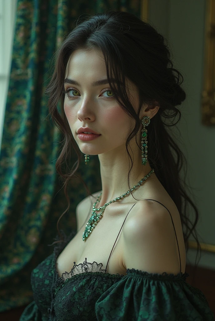 Masterpiece, high quality, 4K, beautiful design, shiny, from the front, award winning photo, extremely detailed, amazing, fine detail, absurdres, highly detailed woman, extremely detailed eyes and face, by lee jeffries nikon d850 film stock photograph 4 kodak portra 400 camera f1.6 lens rich colors hyper realistic lifelike texture dramatic lighting unrealengine trending on artstation cinestill 800 tungsten, solo, 1girl,
parure jewelery, a woman wearing a necklace and earrings with several emeralds , wearing parure jewelery,