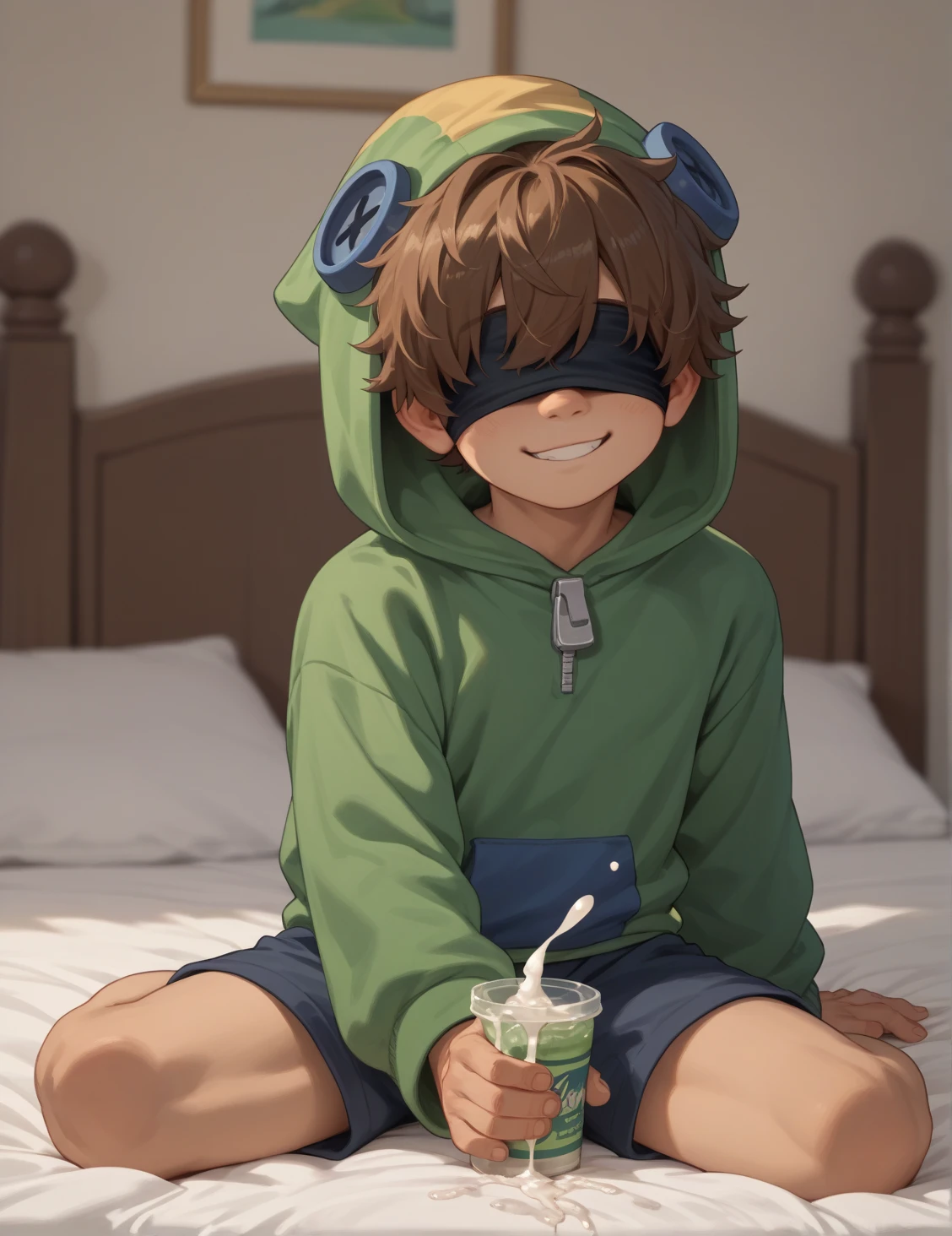 Male Leon, looking at viewer, brown hair, light smile, covered eyes, portait. Green hoodie. Young boy body anatomy. . Bedroom background. Sitting on bed. Drinking Cum