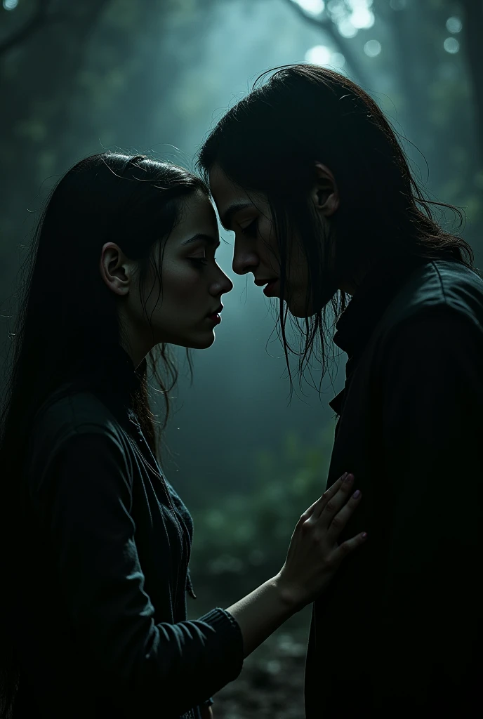rocker couple hugging in a spooky forest
