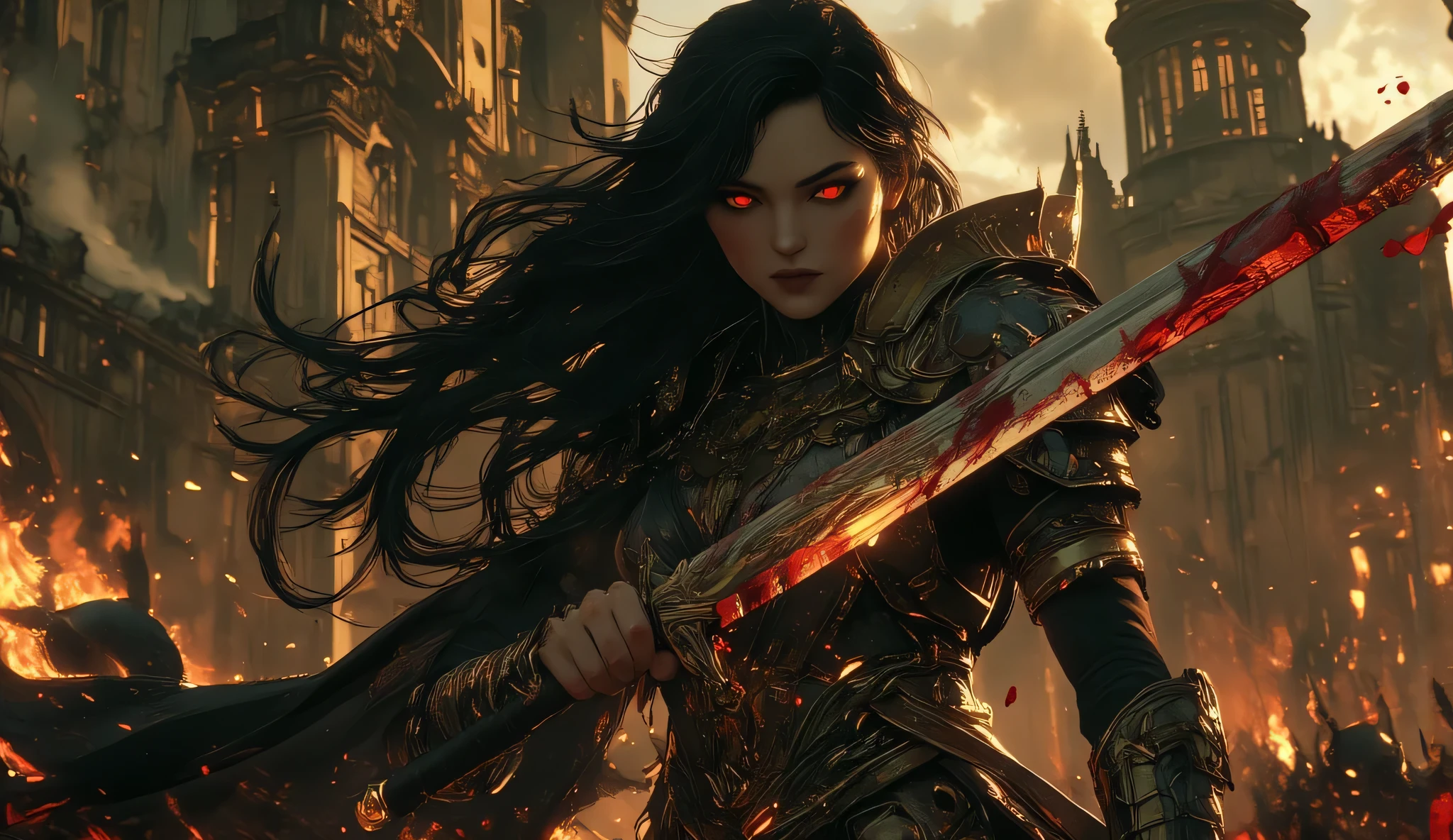 1girl,long black hair,rose,church,battle pose,sword,(bloodsword),red eyes,legion armor,cinematic lighting,dramatic composition,epic fantasy scene,digital art,octane render,cinematic atmosphere,dark moody colors,dramatic lighting,highly detailed,8k,photorealistic,hyperrealistic,masterpiece