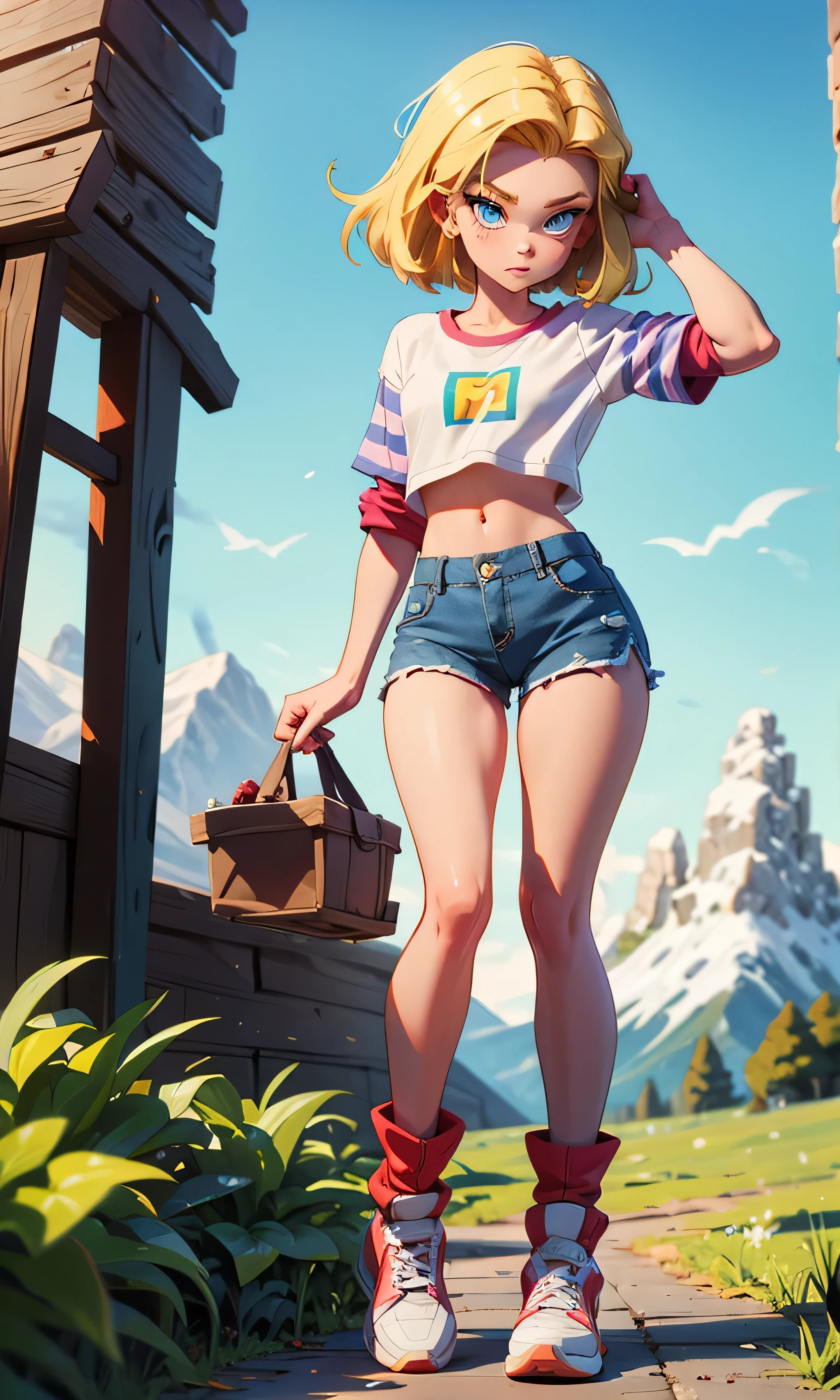 Obra maestra, gran detalle, a beautiful girl, Android 18, blond hair, short hair, fringe, arched eyebrows, blue eyes, striped sleeve T-shirt, blue shorts, boots, thin and tall, flat chest, abdomen, sexy pose, nice legs, full body, sport shoes, textured skin, outdoor, mountain, farm