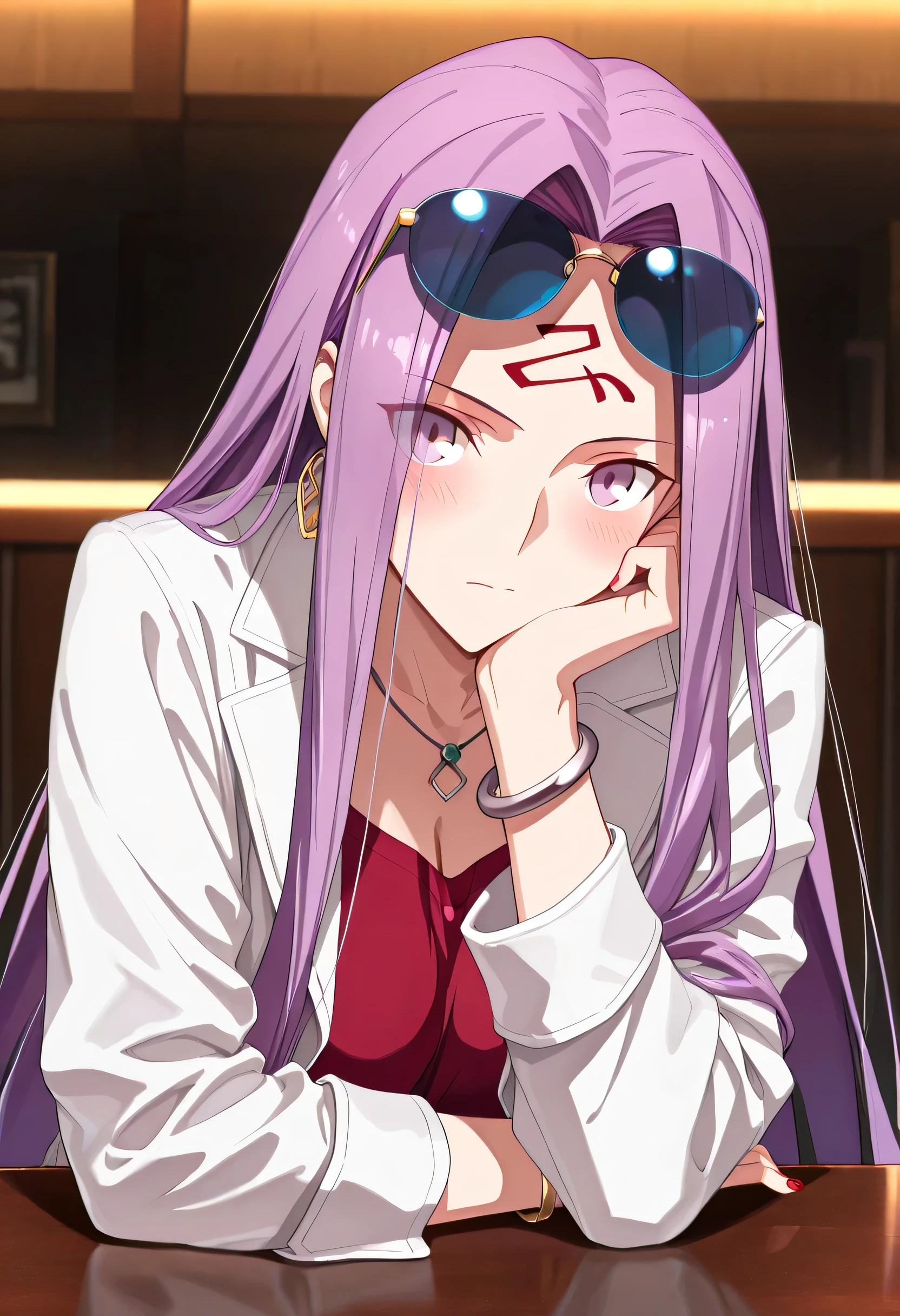 (masterpiece),(best quality),(ultra-detailed),(best illustration),(best shadow),(absurdres),(detailed background),(very aesthetic),fsn_ubw_style, medusa (fate), medusa (rider) (fate), purple hair, forehead mark, very long hair, (forehead:0.8), purple eyes,rimless eyewear, 1girl, solo, long hair, looking at viewer, blush, long sleeves, closed mouth, jewelry, upper body, earrings, open clothes, necklace, nail polish, open jacket, bracelet, white jacket, sunglasses, red shirt, eyewear on head, red nails, head rest, elbows on table, large breaests