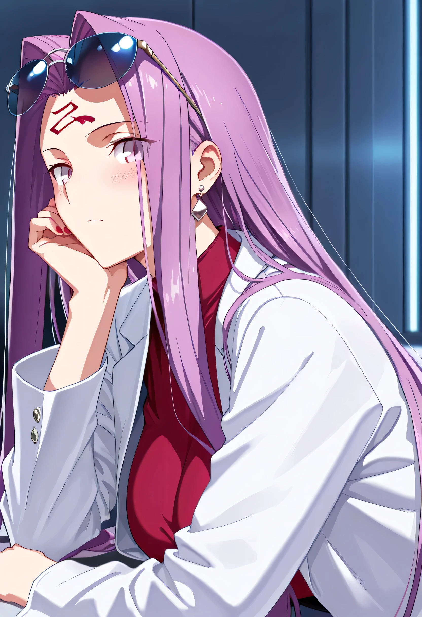(masterpiece),(best quality),(ultra-detailed),(best illustration),(best shadow),(absurdres),(detailed background),(very aesthetic),fsn_ubw_style, medusa (fate), medusa (rider) (fate), purple hair, forehead mark, very long hair, (forehead:0.8), purple eyes,rimless eyewear, 1girl, solo, long hair, breasts, looking at viewer, blush, long sleeves, closed mouth, jewelry, upper body, earrings, open clothes, nail polish, open jacket, white jacket, sunglasses, red shirt, eyewear on head, red nails, hand on own face, head rest, large breaests