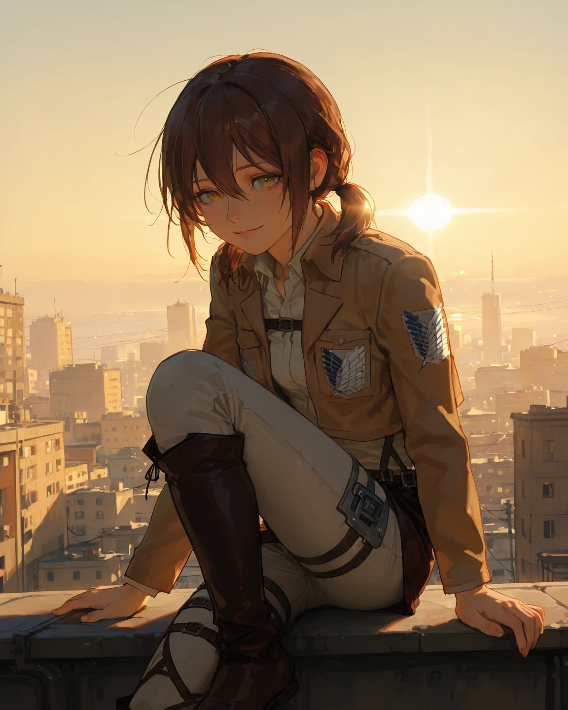 1girl, two braids, brown hair, cute, smile, attack on titan, outfit