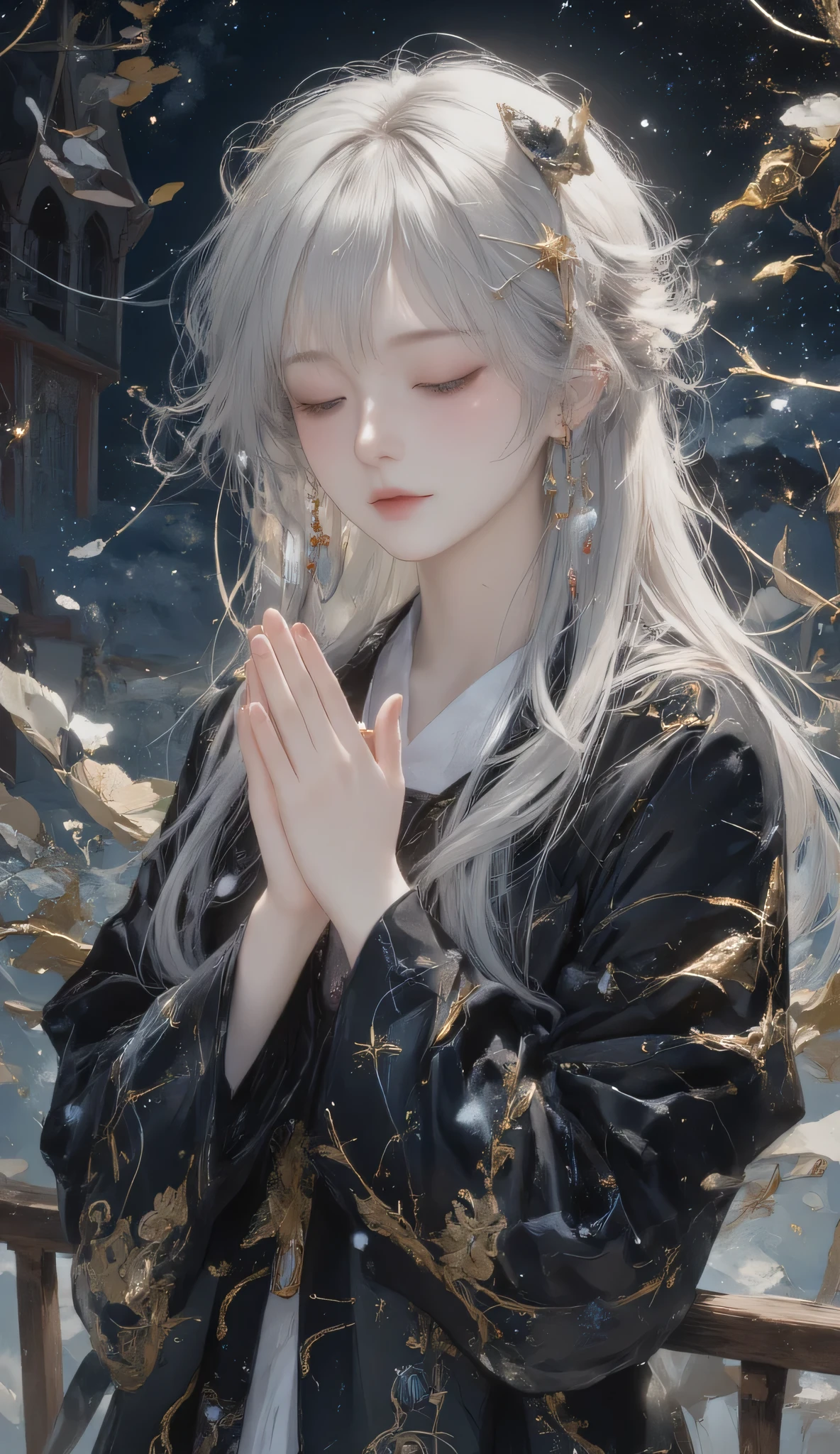 Get ready to immerse yourself in the enchanting world of Renaissance Slavic portraits , visible brushstrokes 、Bringing life to an impressive depiction of a young woman with silver hair and a constellation-patterned robe 。. while watching the surroundings under the moonlight , play of shadows and light 、It creates enchanting light and dark effects reminiscent of Impressionist masters like Van Gogh 。, Arik Brauer, Georges Mathieu , infused with Arkan Nair's whimsical surrealism . combines traditional oil painting techniques with cutting-edge digital airbrushing technology , this semi-abstract work goes beyond conventional categories , } Combines figurative art with exquisitely detailed abstract art . collaged components add depth and appeal , Delicate tonal changes weave a tapestry with intricate patterns and rare beautiful details。. Each square inch is full of vibrant colors and stunning highlights , that make a spiritual impression on the mind . illuminated with impressionistic lighting effects , these sparkling touches are 、 elevates the work to new heights of visual excellence 。. Extraordinary subtlety Witness the creation of timeless masterpieces put in , made to stimulate admiration and curiosity 、 presented in gorgeous high resolution . . realistic, perspective, Light and Shadow , religious or mythological themes , Very Detailed, Sketch Art Style , gray kale , monochrome,An illustration of the head to the area around the waist in a frame,The woman was praying with her hands together while turning her body straight in front of her face,A person facing forward, standing or kneeling in a prayerful pose, hands clasped together in front of their chest. A serene and spiritual atmosphere, with soft lighting and a calm background. The person has a peaceful and devoted expression, eyes closed or slightly open, conveying deep concentration and faith. The setting can be a neutral or sacred space, such as a temple, church, or a natural environment with a gentle glow.A pair of realistic human hands pressed together in a prayer pose, with exactly five fingers on each hand, anatomically correct, detailed skin texture, and natural lighting. The fingers are properly aligned, symmetrical, and do not merge or overlap unnaturally. The hands are in a relaxed, peaceful position with soft shadows and realistic depth.