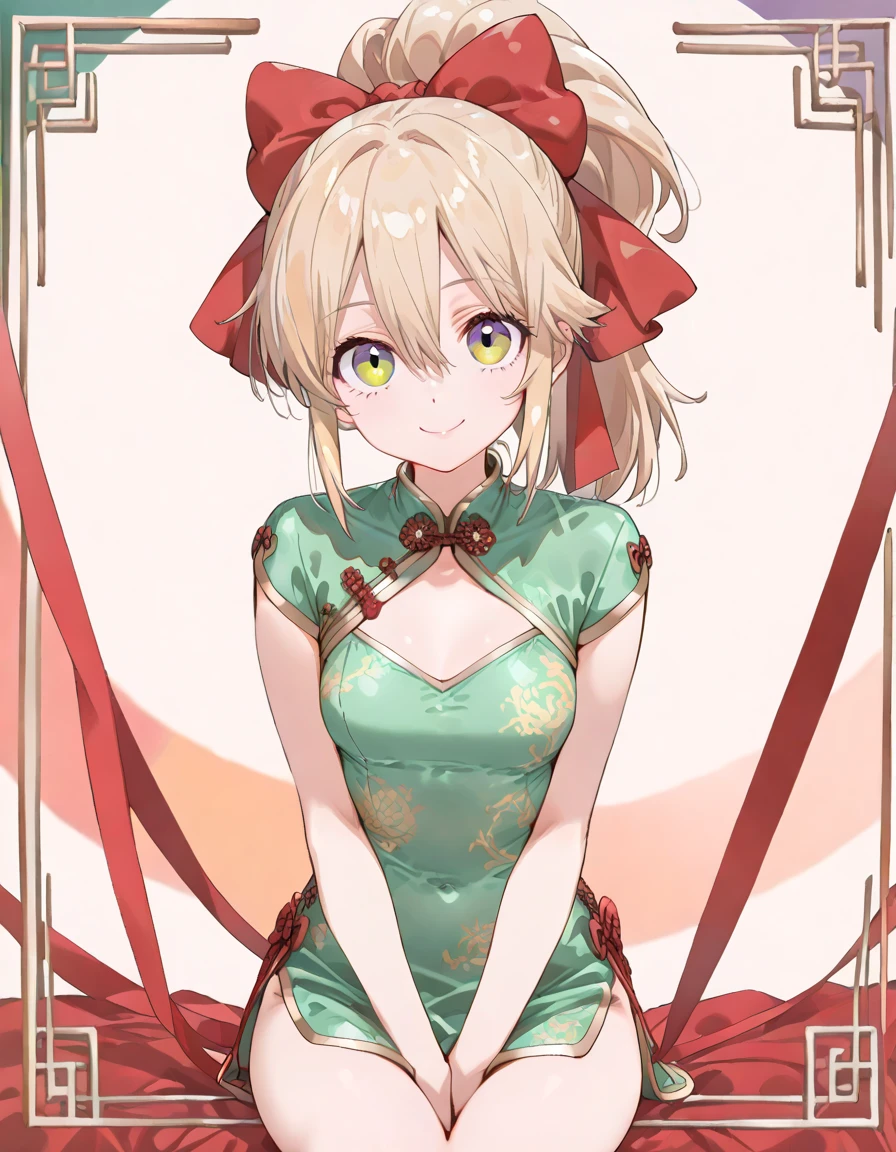 masterpiece,best quality, ultra-detailed,1girl(sakurai momoka, lovely small breasts, ,blonde hair, hair bun, double hair buns, headband, pink flower in hair,green eyes), a bright face,  light smile, parted lips, nose blush, blush, facing viewer , looking at viewer, head tilt, solo, red china dress, short dress, sleeveless, black lace thighhighs, in the livingroom, standing, Sexy waist teasing 