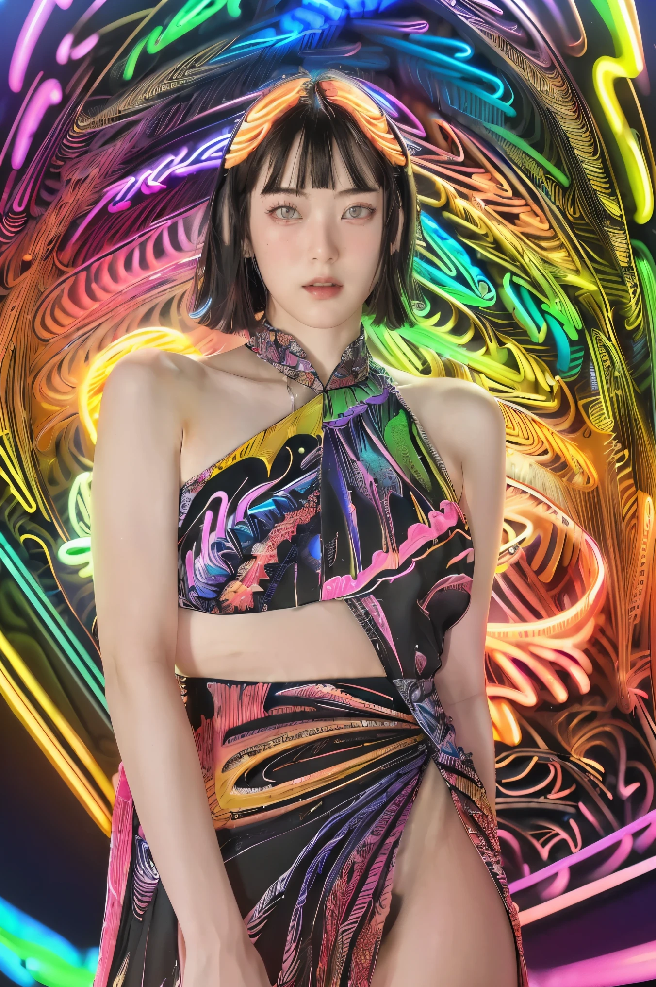 (masterpiece, top quality, best quality, official art, beautiful and aesthetic:1.2), (1girl:1.3), extremely detailed,(fractal art:1.2),colorful,highest detailed,( zentangle neon:1.2), (dynamic pose), (abstract background neon:1.5), (treditional dress:1.2), (shiny skin), (many colors:1.4), upper body ,Neon,16K,Full HD