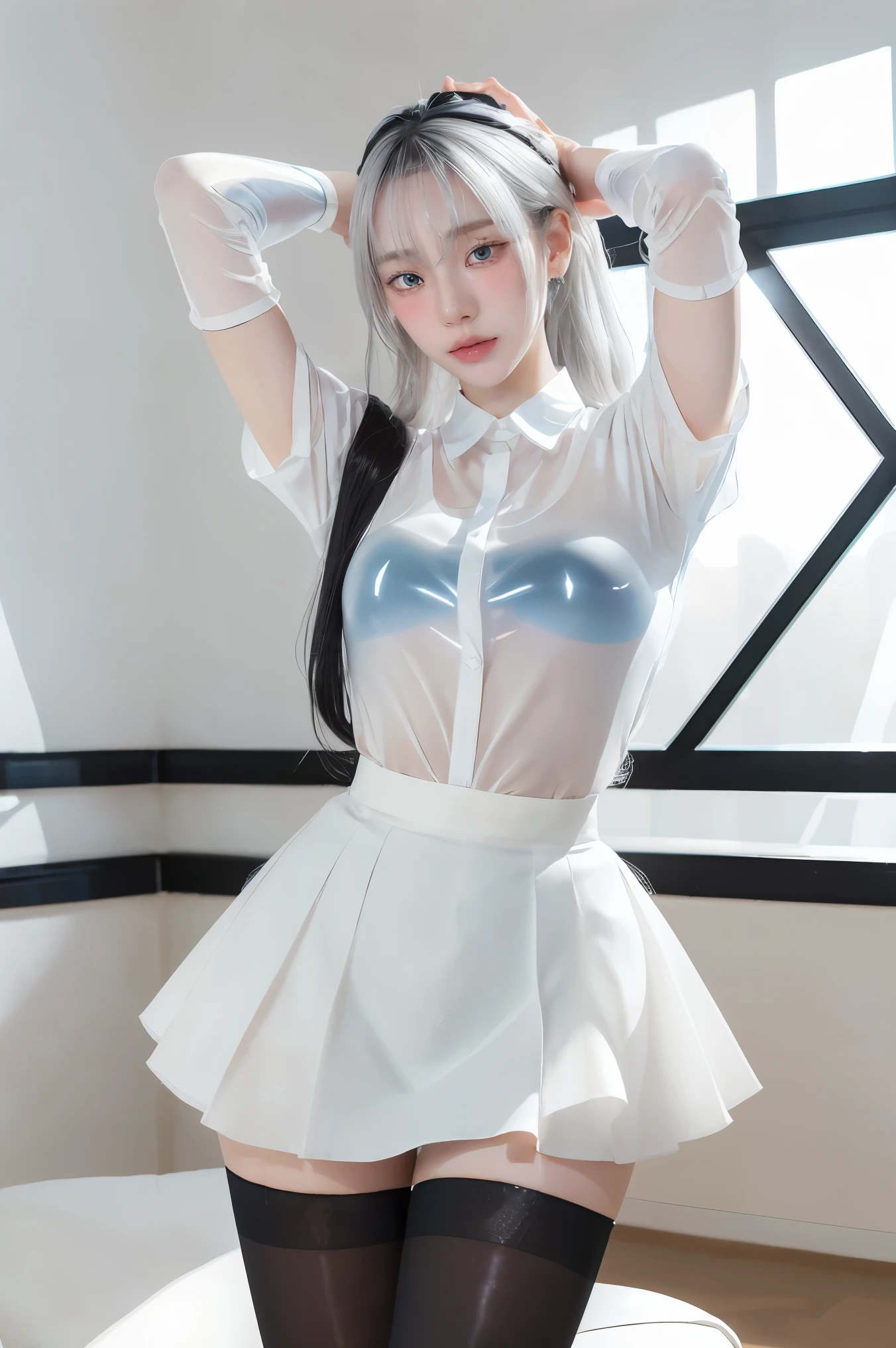 (((1 girl)),ray tracing,(dim lighting),[detailed background (living room)),((silver hair)),(silver hair)),((Fluffy silver hair, plump and slender girl)) with high ponytail))) Avoid golden eyes in the ominous living room ((((Girl wears white opaque shirt, black wrinkled skirt with black transparent stockings), showing a delicate and slender figure and graceful curves, correct limbs, hands behind the head, hands behind the head, hands behind the head , eye details, beautiful eyes, delicate eyes, blue eyes