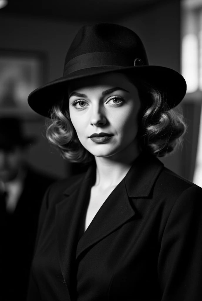 little caprice , Film noir style, 1girl, standing, envy , ,police uniform, Monochrome, high contrast, dramatic shadows, 1940s style, mysterious, cinematic, closeup