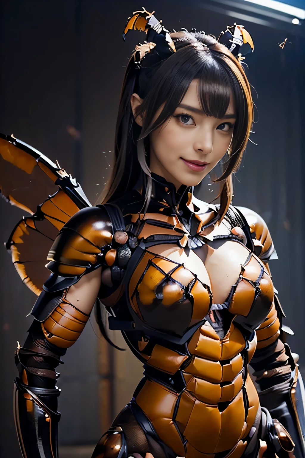 (high resolution,masterpiece,best quality,extremely detailed CG, anime, official art:1.4), realistic, photo, amazing fine details, all intricate, gloss and shiny,awesome many layers, 8k wall paper, 3d, sketch, kawaii, illustration,( solo:1.4), perfect female proportion,villainess, (fusion of dark brown cockroach and lady:1.4), (brown cockroach form lady:1.2), (brown cockroach lady:1.2), (fusion:1.2), (solo:1.4), (evil smile:1.2), muscular, abs, (cockroach brown exoskeleton bio insect suit:1.4), (cockroach brown exoskeleton bio insect armor:1.2), (brown transparency cockroach wing:1.4), (brown cockroach antennae:1.3),