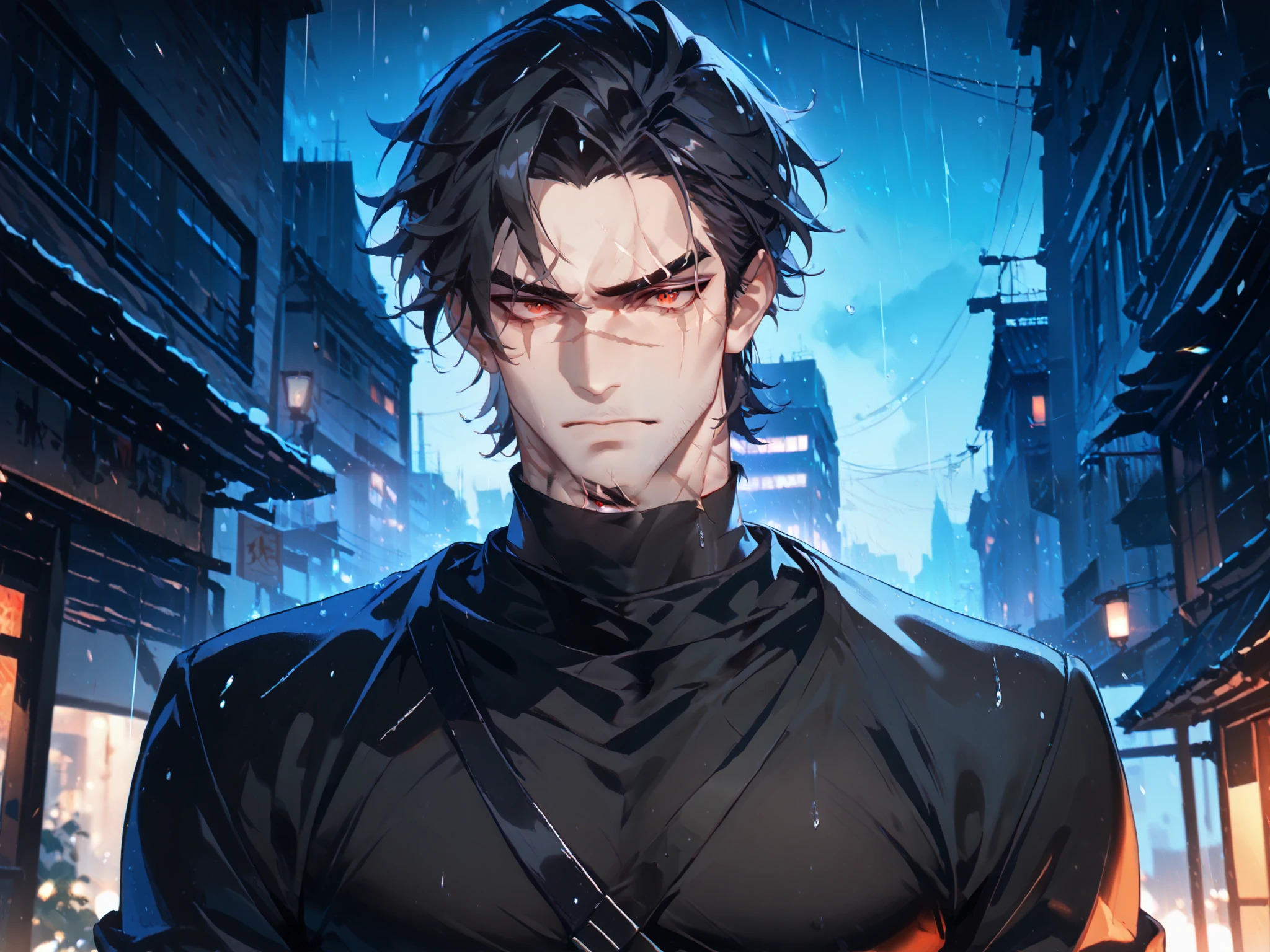 towers above the viewer, solo, 1boy, dark orange eye+red eye ((Eyes with high detail, no defects, pupils of equal size)), scared face, big eye scar, scar on lip, scar on neck, scar on cheek, scar on forehead, mafia, cold gaze, brutal, strong, manly, athletic, black hair, short hair, spicy hair, mature, daddy, beard, stubble, black turtleneck shirt, black gloves, dark alley, metropolis, mess, night, storm, rain, outdoors, particles, fractal, best quality, 8k, highres, masterpiece, ultra-detailed, dramatic lighting
