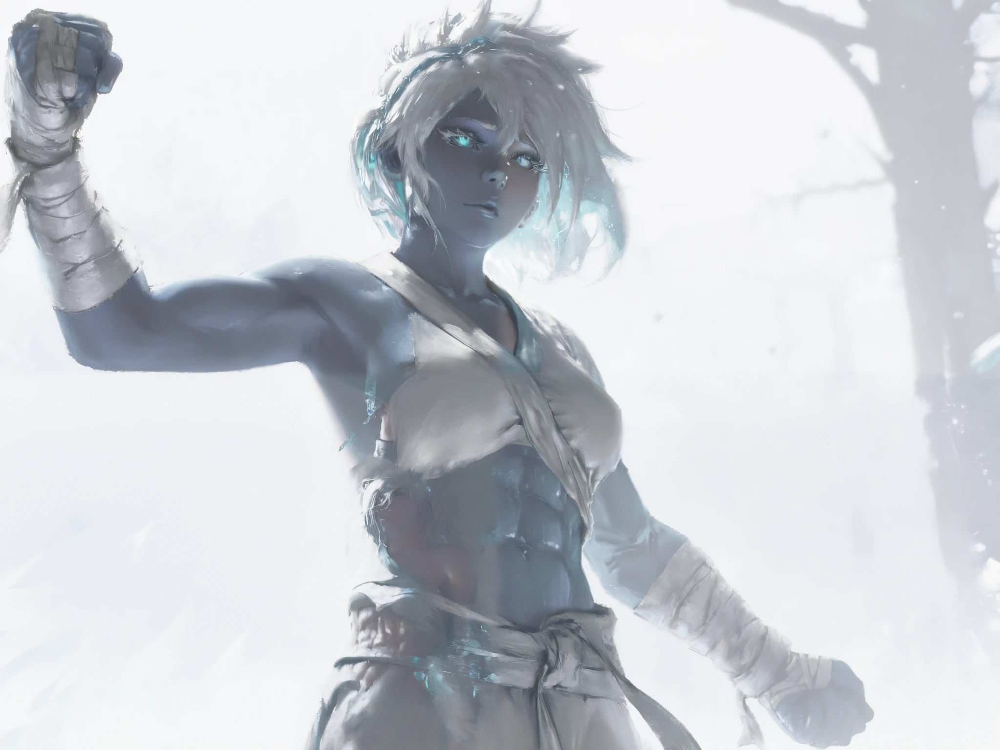 HDR, 8K, high contrast, masterpiece, best quality, amazing quality, very aesthetic, anime artstyle, realistic, hentai art, newest, (artist:incase:0.5), (artist:tsuaii:0.5) ,
BREAK
shiej007, bounce light, hyperdetailed, detailed hair strands, detailed fibers,
portrait, masterpiece, semi-realism, painterly, vivid colors, 3d, realistic, 1girl, icy blue eyes, white hair, monk outfit, toned body, bandaged arms, abs, blue and white color scheme, hair on one eyes, long eyelashes, ice background, dual lighting, rim lighting. dynamic pose, foreshortening