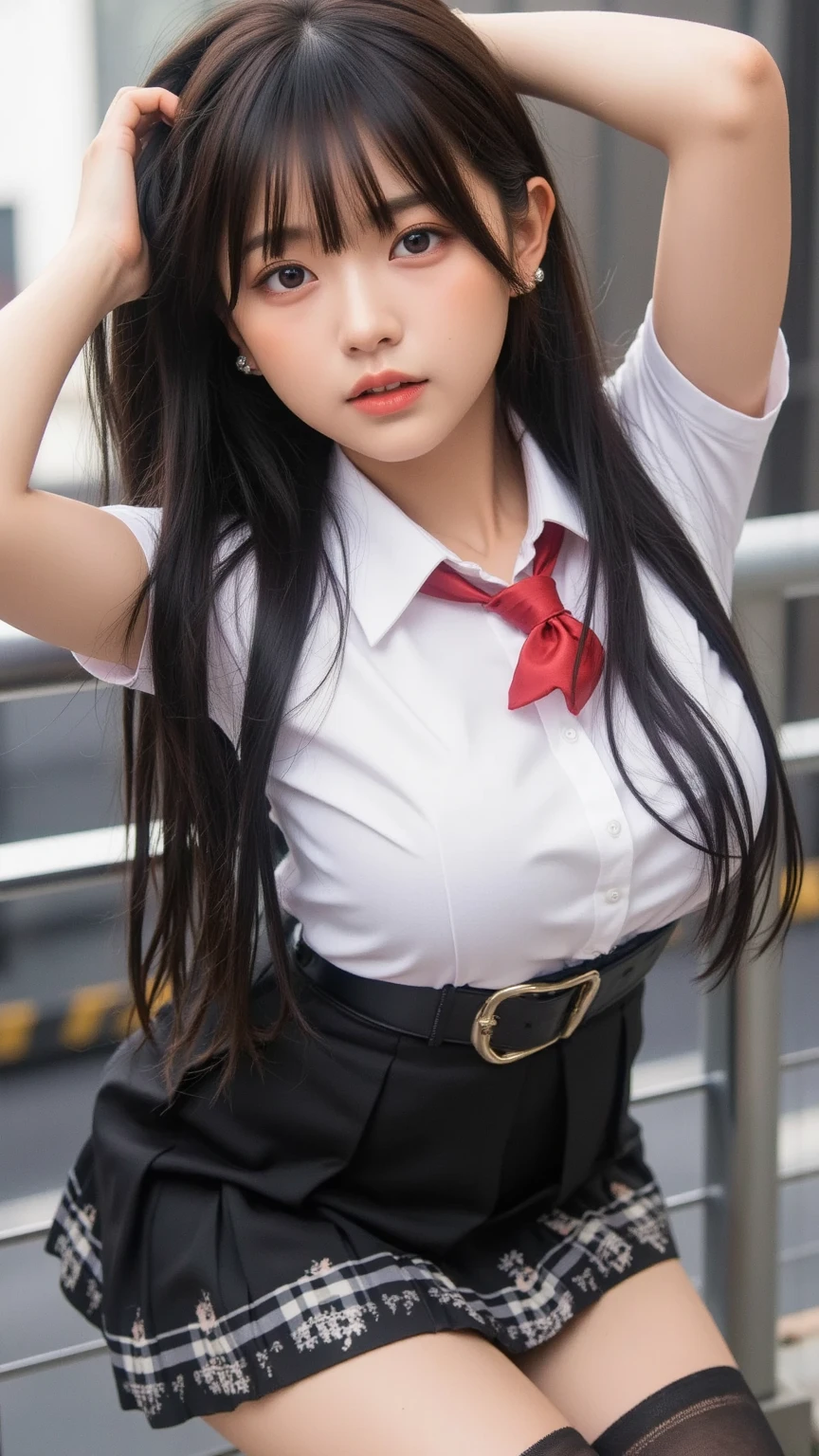 pretty, young, girl, long hair, black hair, red eyes, bangs, dark shirt, sleeveless, white collar, red tie, small breast, black gloves, black skirt, upper body, white skin, 30 year old, beauty, 1 girl, intimidating, look put hands behind head, armpits, armpits visible,