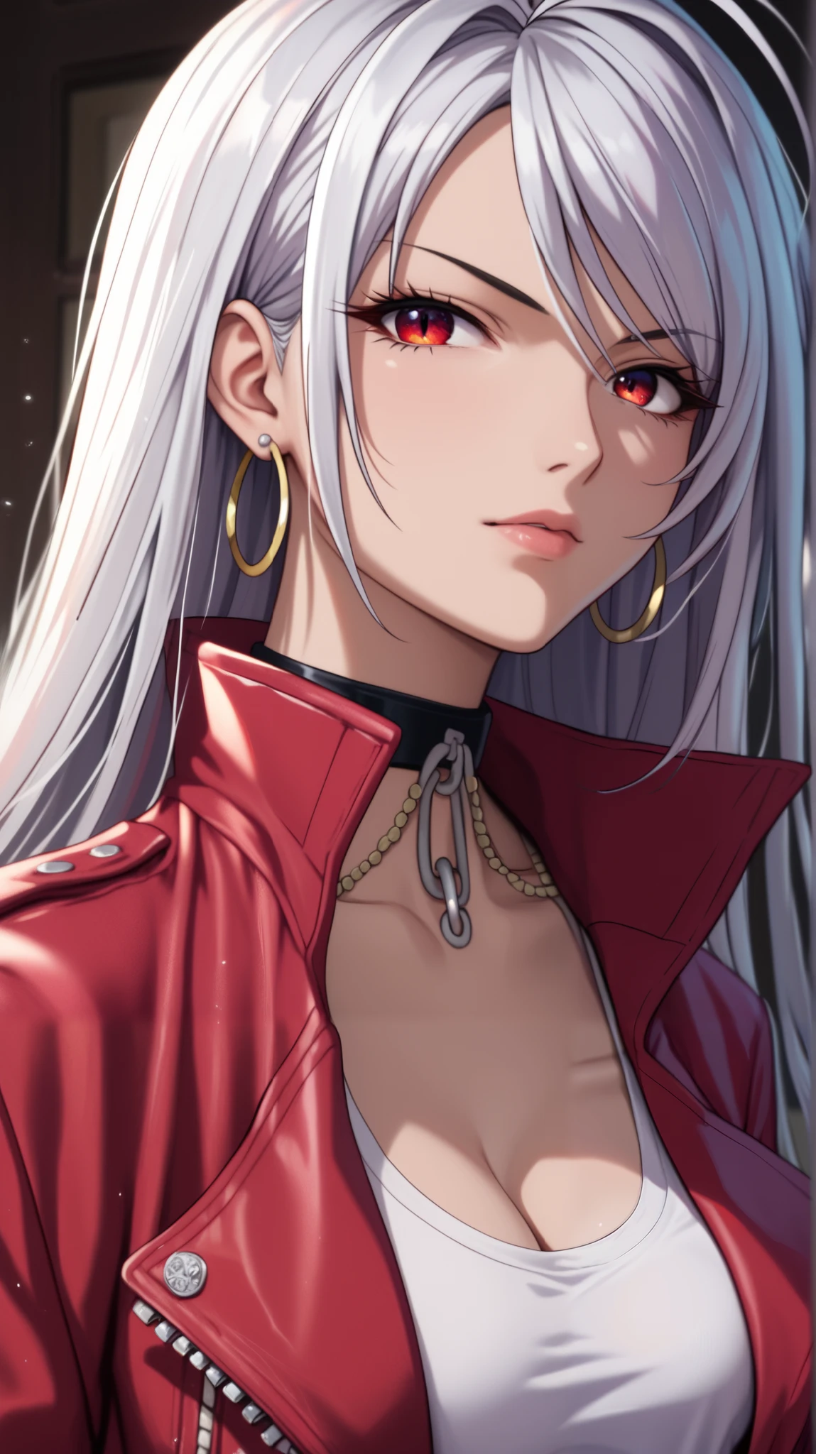 vampire moka akashiya, long hair, red eyes, ahoge, white hair, large breasts, distressed denim jacket with patches and pins, paired with black skinny jeans and combat boots, Accessories: silver hoop earrings and a black choker necklace, open neckline,(((upper body portrait)))
