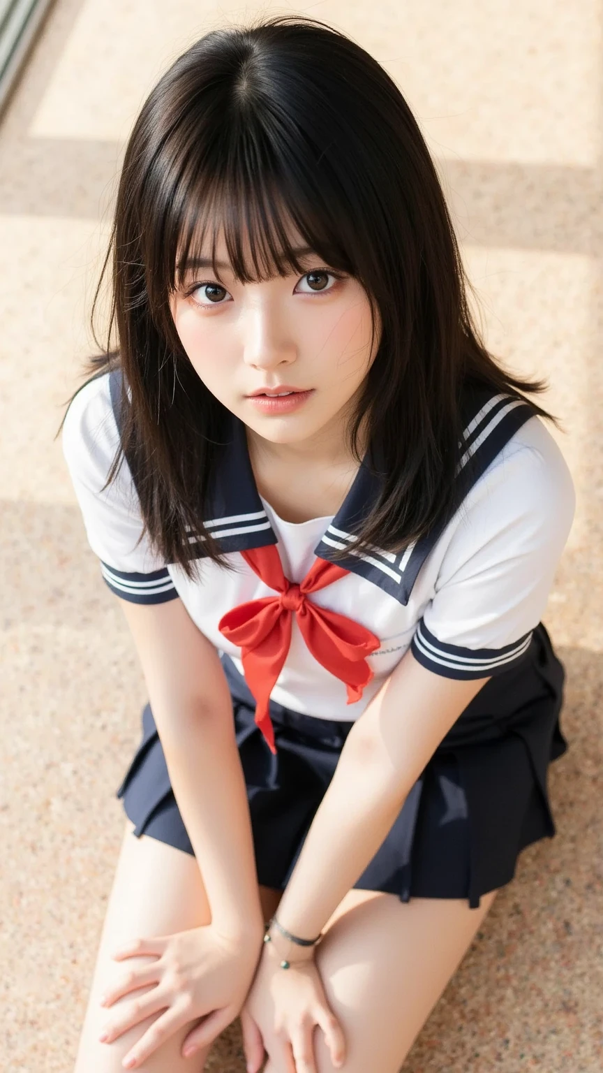 Highest quality,Very detailed,masterpiece,Realistic,Realistic,Bright lighting,One Girl, Very beautiful girl, (cute:1.2),A faint smile, (Brown eyes),(Brown haired),(prohibit),Shortcuts、Perfect glowing skin,Perfect Skin,((erotic,Sexy and sexually explicit)),((Precise needles without discomfort)), Big ample breasts,Accentuate your cleavage、big breasts and small waist, Look at the viewers,((Sailor suit)),((Short sleeve uniform white shirt)),(Red tie),(Mini pleated skirt in blue),(((Roll up the skirt yourself))),(I lifted it myself),(Showing panties),Wearing panties,Panty Focus,((get up,Spread your legs)), Daytime,in the train,Sit sideways with your back to the window、Close up on panties、