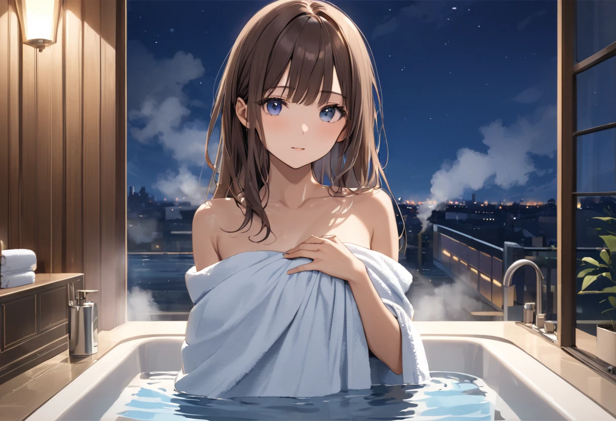 (Official Art、Highest quality、Unity 8k wallpaper、32k、masterpiece、Ultra-detailed、Ultra-high resolution、Realistic、Photorealistic:1.2)、(Cinema Lighting:1.2)、Fire Glow Effect、Film Grain、Best Shadow、Rim Light、Side light、Side Shot、(Highly detailed and intricate 3D rendering)、Sharp pupils、Realistic生徒、Cowboy Shot, Highly detailed background、Beautiful Face、Blurred Background、Beautiful girl、(Highly detailed skin、Detailed skin texture:1.3)、Milky white over a lake with a boat in the foreground, The endless universe in the background, 壮大なmilky way, 空にはmilky wayがある, 空のmilky way, Free space, milky way, Lost in the milky void, Really great images, milky wayエクスプレス, Space Photography, Galaxy in the sky, Beautiful space, Travel through the stars、bathing、bath towel、Immerse yourself in hot water up to your shoulders、Swimwear、20Beauty of the Year、Beautiful black hair、Blunt bangs、The eyes are brown、A happy smile、From behind、Hips、Beautiful back、