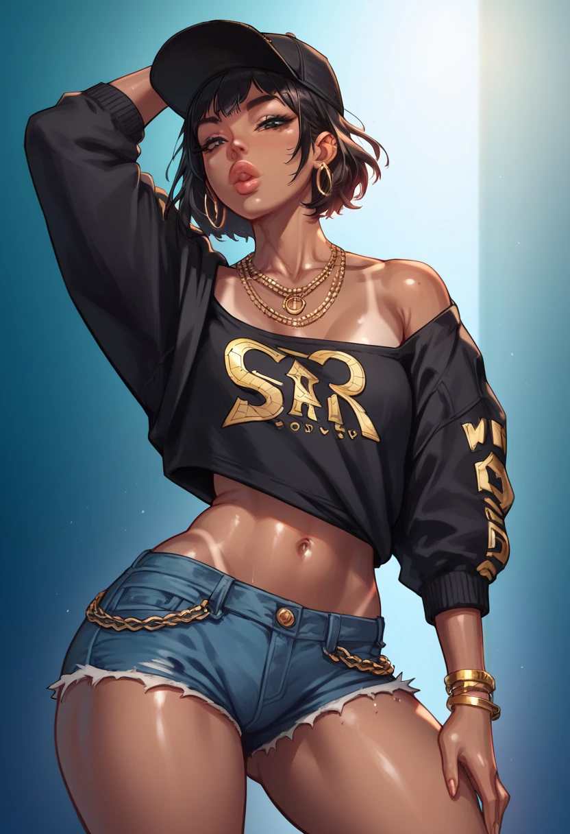 mixed_artwork style, 1 girl, standing alone, hands, beautiful woman, Egyptian, short hair, straight bangs, hair with golden tips, eyes the color of old gold, gold strings, wide hips, shorts with holes on the sides, panty hem, six pack abs, Black t-shirt, gold lipstick, tanned brown skin, navel piercing, realistic, textures, 8K, perfect hand, perfect anatomy, visible curves, Breasts