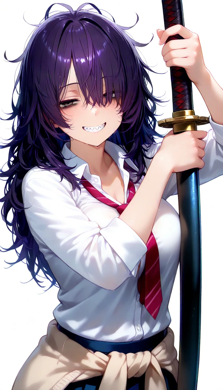 (masterpiece, best quality, amazing quality, very aesthetic, absurdres, newest:1), masterpiece,best quality,amazing quality, 1girl,solo,solo girl,long hair,dark purple hair, ((messy hair)), hair over one eye,bags under eyes , jitome ,half closed eyes,grin ,sharp teeth,medium breasts, (school blouses) (light beige cardigan tied around waist),(holding katana ), gatotsu pose,face close up,white background,