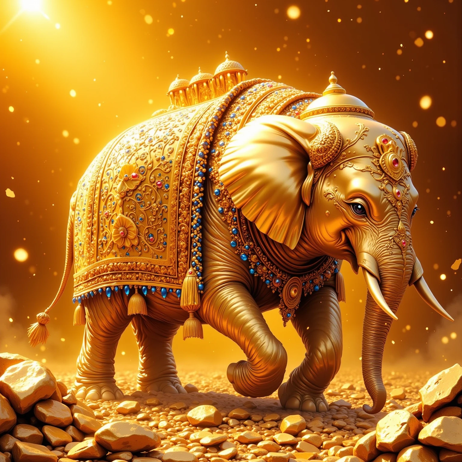 Golden elephant with many gold coins around it