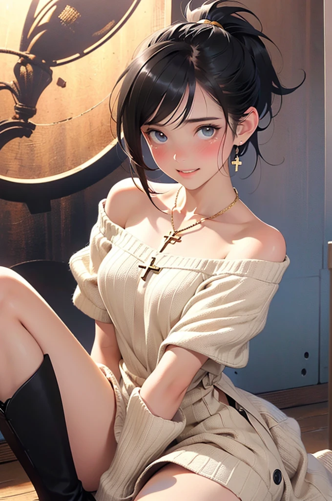 (((solo))),(((virgin destroyer sweater, choker, ecchi))), ((shy smile)), dynamic angle, in house,