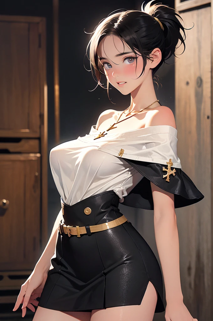 young girl, short black hair, Yellow eyes, Chinese blouse, Shorts, open belly, Smile, Masterpiece, hiquality