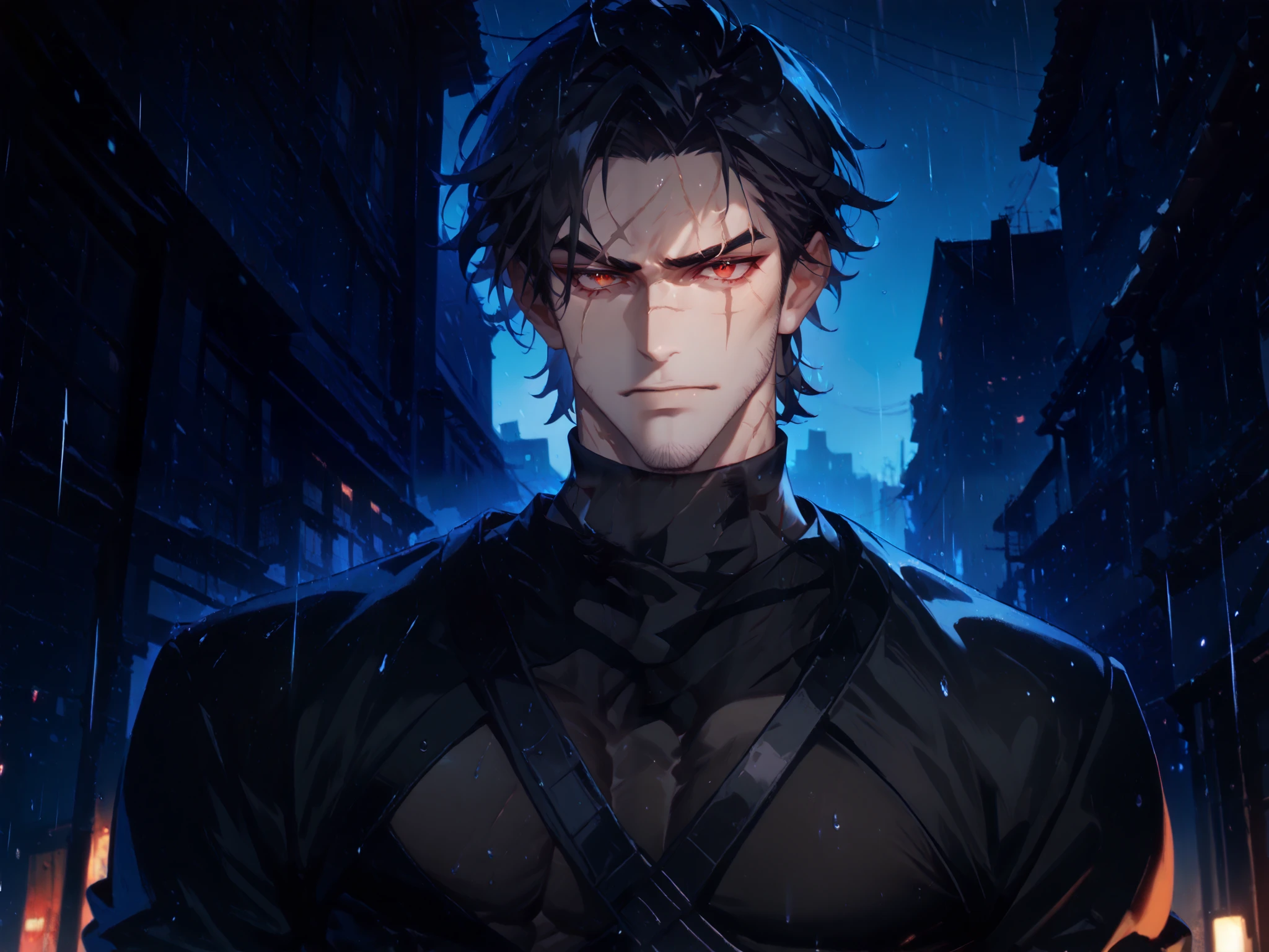 towers above the viewer, solo, 1boy, dark orange eye+red eye ((Eyes with high detail, no defects, pupils of equal size)), scared face, big eye scar, scar on lip, scar on neck, scar on cheek, scar on forehead, mafia, cold gaze, brutal, strong, manly, athletic, black hair, short hair, spicy hair, mature, daddy, beard, stubble, black turtleneck shirt, black gloves, dark alley, metropolis, mess, night, storm, rain, outdoors, particles, fractal, best quality, 8k, highres, masterpiece, ultra-detailed, dramatic lighting