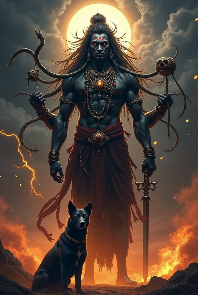 Lord Bhairava appears in a standing position . He ais depicted as a wild looking figure with unkempt fiery hair . He has a third eye and a crown of skulls. He wear golden dress .A snake covers his waist as a brace .  He  appears with a Indian breed dog  and garland with red flowers and skulls . He has four arms and holding  a Trident ,  a Damaru covered with snake , a sward  and a bowl as a weapon