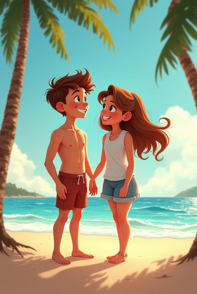 A hyper-realistic, ultra HD 8K style image depicting a young man and woman standing together on a beach at sunset. The young man is dressed in a summer outfit, wearing a casual T-shirt, shorts, and sandals. The young woman is wearing a summer outfit as described: a crop top, denim shorts, and flat sandals. The background features a lively beach party with people dancing and enjoying the evening. The sunset casts a warm, golden light over the scene, reflecting on the ocean waves. The overall atmosphere is vibrant and full of summer energy, with detailed, vivid colors and a sharp focus on the characters and the environment
