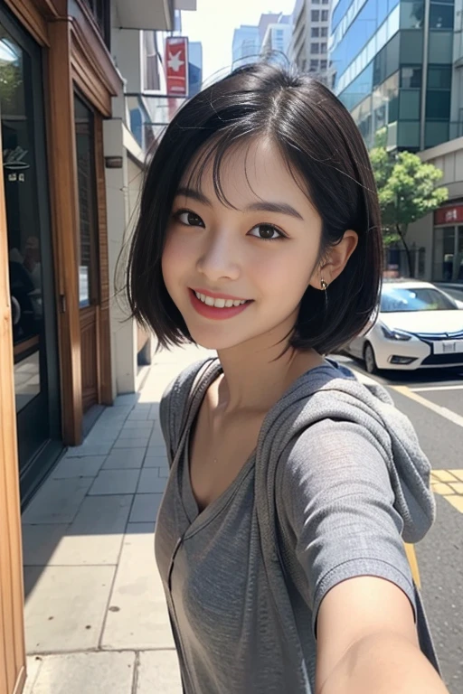 ((Best Quality, 8K, Masterpiece: 1.3)), Upper Body (1.3), Colossal (5), Outstanding Style, Gentle Face, Parallel Eyebrows, Smile, Natural Makeup, Clothes that emphasize cleavage, Refreshing, Eat lunch at a café in the sun through the trees in the city