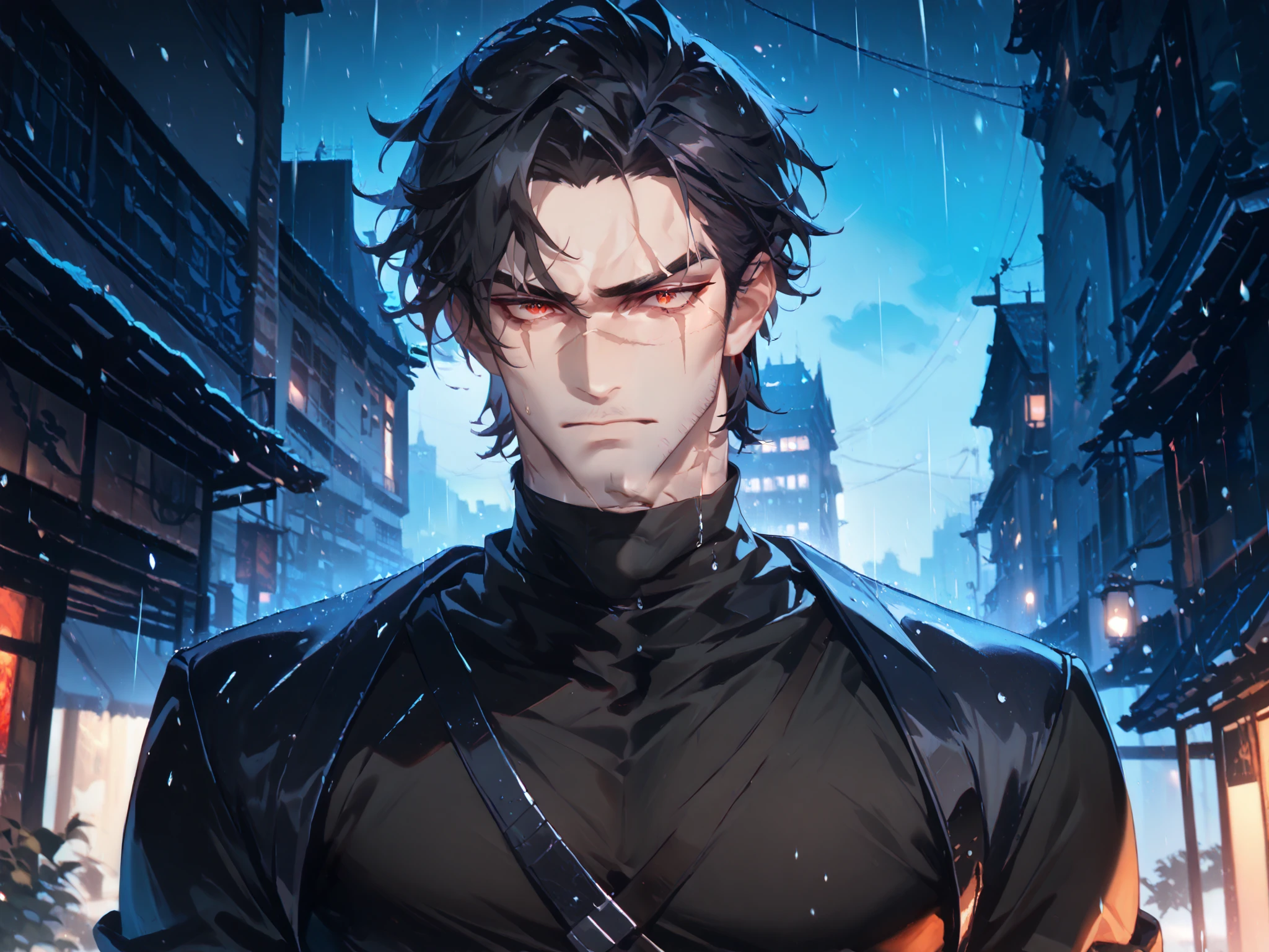 towers above the viewer, solo, 1boy, dark orange eye+red eye ((Eyes with high detail, no defects, pupils of equal size)), scared face, big eye scar, scar on lip, scar on neck, scar on cheek, scar on forehead, mafia, cold gaze, brutal, strong, manly, athletic, black hair, short hair, spicy hair, mature, daddy, beard, stubble, black turtleneck shirt, black gloves, dark alley, metropolis, mess, night, storm, rain, outdoors, particles, fractal, best quality, 8k, highres, masterpiece, ultra-detailed, dramatic lighting