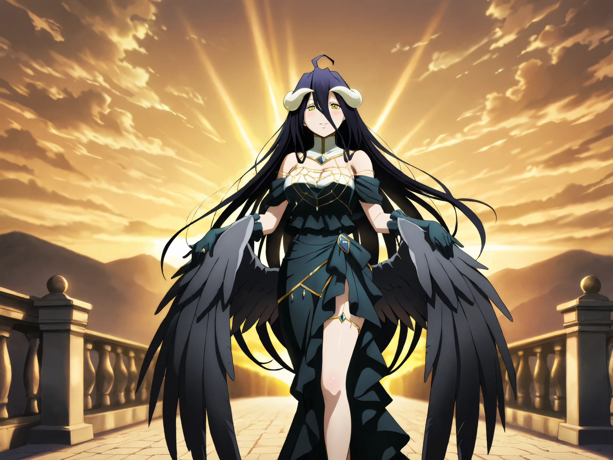 Saeko Busujima, He faces himself who is a steel-winged angel and who carries a staff Gothic robe in the center of the image with open wings flying from above with a serious look back Beautiful Detailed 8k Armor with Art Painting, Sky, Clouds, Sun, Black Wings, Steel