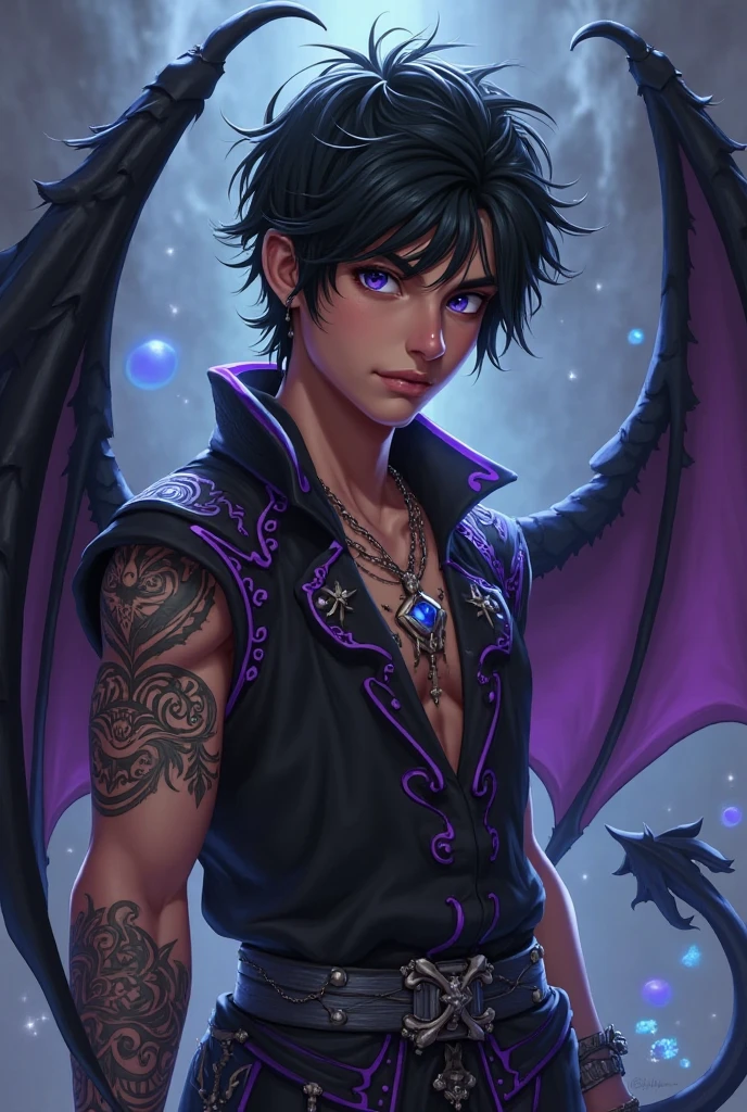 1boy, young male, teen, fairy, innocent face, cute face, youthful face, tanned skin, tribal, tribal tattoo, black eyes, fairy wings, black fairy wings, long hair, undercut, hair half shaved, purple hair, thin body, muscular, short, sexy, skimpy, jockstrap, shadow magic, light magic, shadow energy, light energy, necromancer, monk, monk outfit