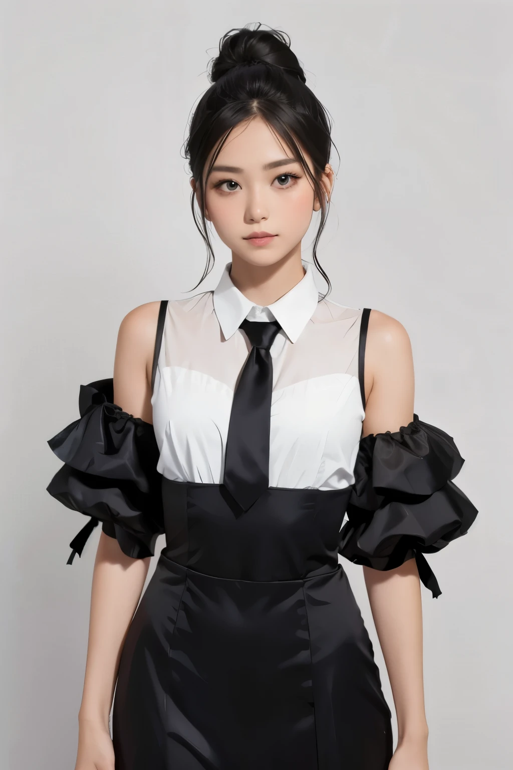 1girl, black random formal attire, white background,