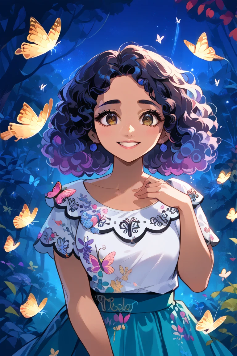 ( source_anime, score_9, score_8_up, score_7_up:1), Mirabelle ST, 1 girl, wearing a white dress, teal skirt, night , rainforest , beast, toucan, bird, butterfly, ,Female Solo, (dark skinned female :0.5), large waist , expressive h , , score_7_up, source_