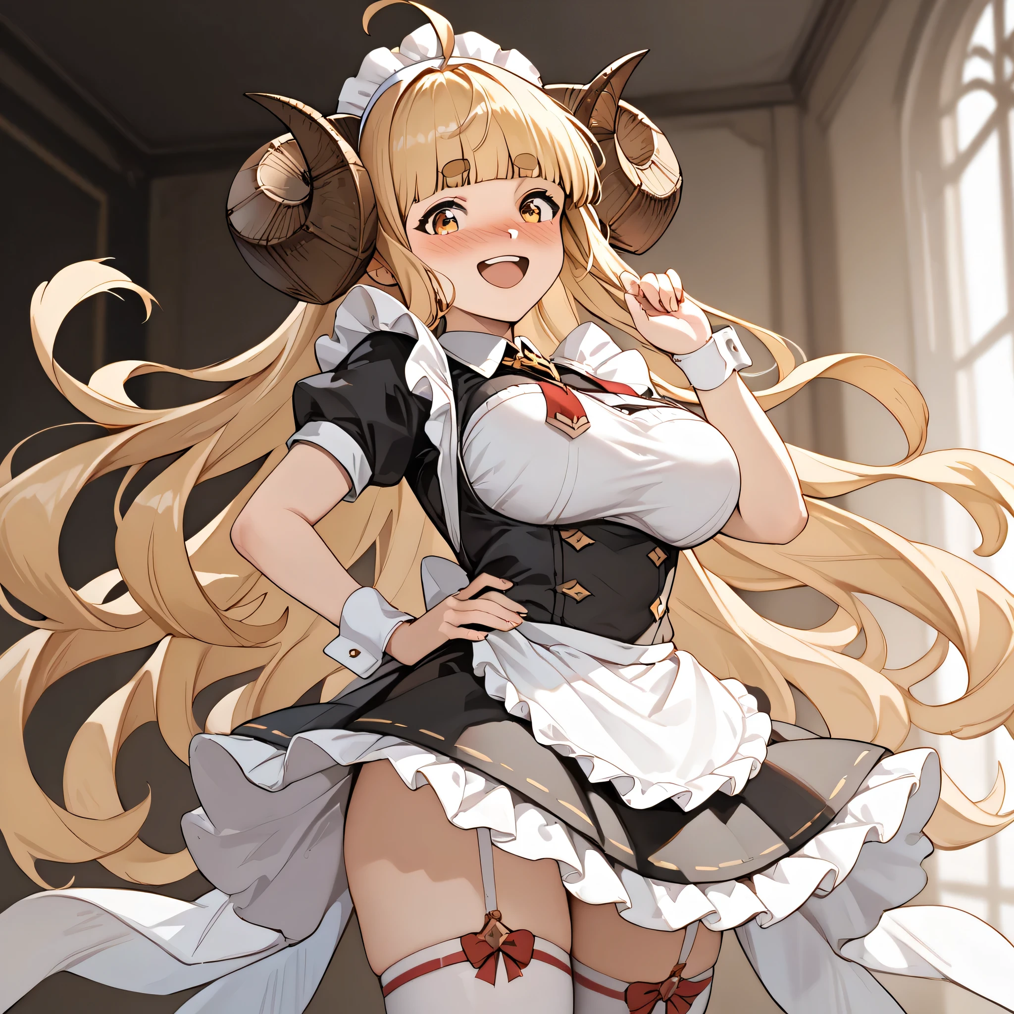 (score_9, score_8_up , score_7_up ), source_anime,((masterpiece, best quality)), 1 girl, Alone,
 large breasts,
 ssranila , horns, thick eyebrows, blonde hair, blunt bangs,ahoge, 
viewers, ,maid Uniform, , thigh high socks,
, cowboy shot ,(happy),NSFW,(arched back),, (nose blush:1.3) ,(put one hand on hips)