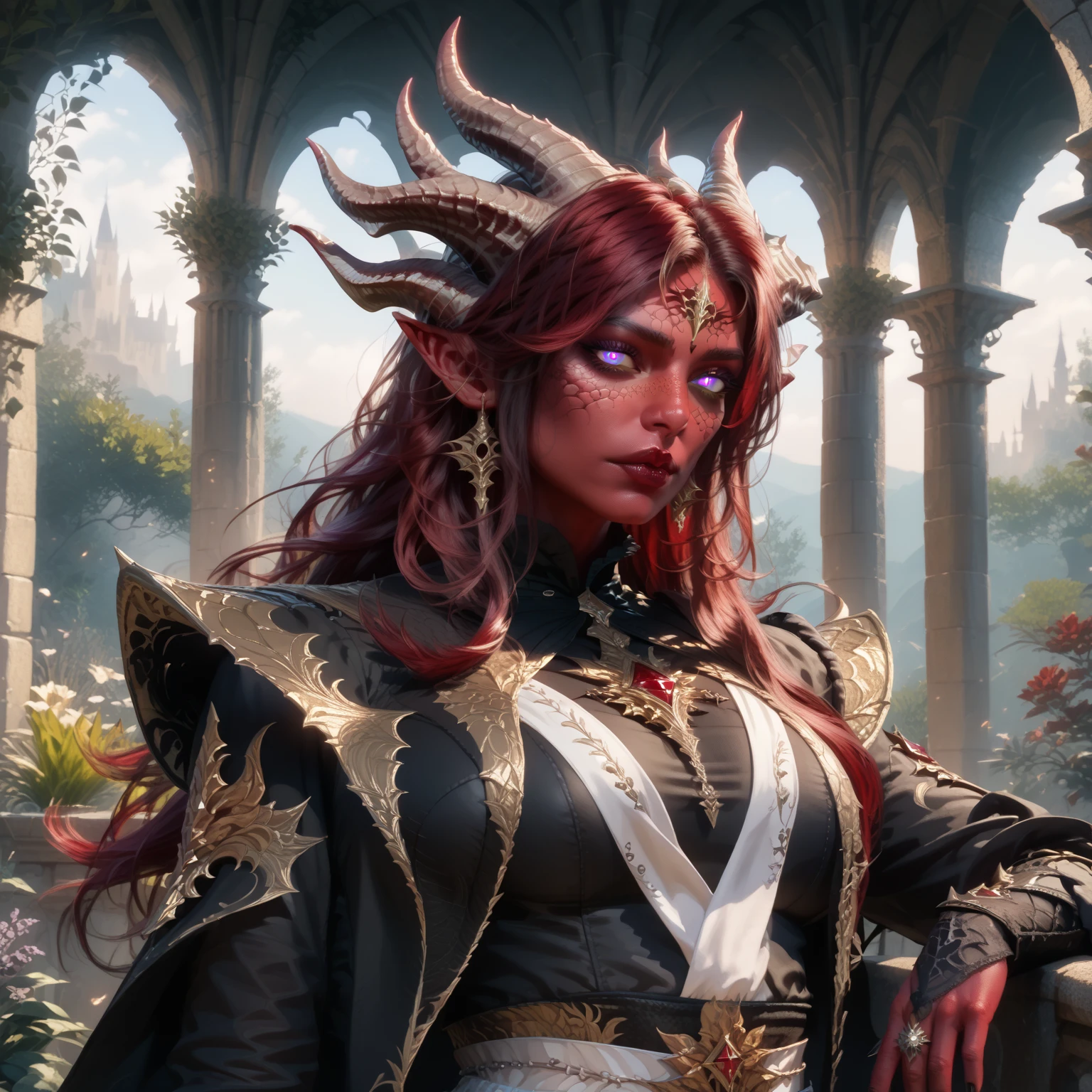 a woman princess of ice, volumetric lighting, highly detailed, style 3/4, Photorealism, Bokeh blur, High detail close-up head, facing camera, realistic digital painting portrait of a gothic female blood elf, (curly hair:1.1), (hair:1.3), magical dark and red universe, magic cloth armor with red and yellow engrave in intricate details, (abstractbackground:1.2), (light particle:1.1), (very detailed skin:1.2), (game concept:1.3), (elden ring style:1.3), (arcane style:0.8), (depth of field:1.3), global illumination, art by hoang lap and fuji hoko and artgerm and greg rutkowski and viktoria gavrilenk