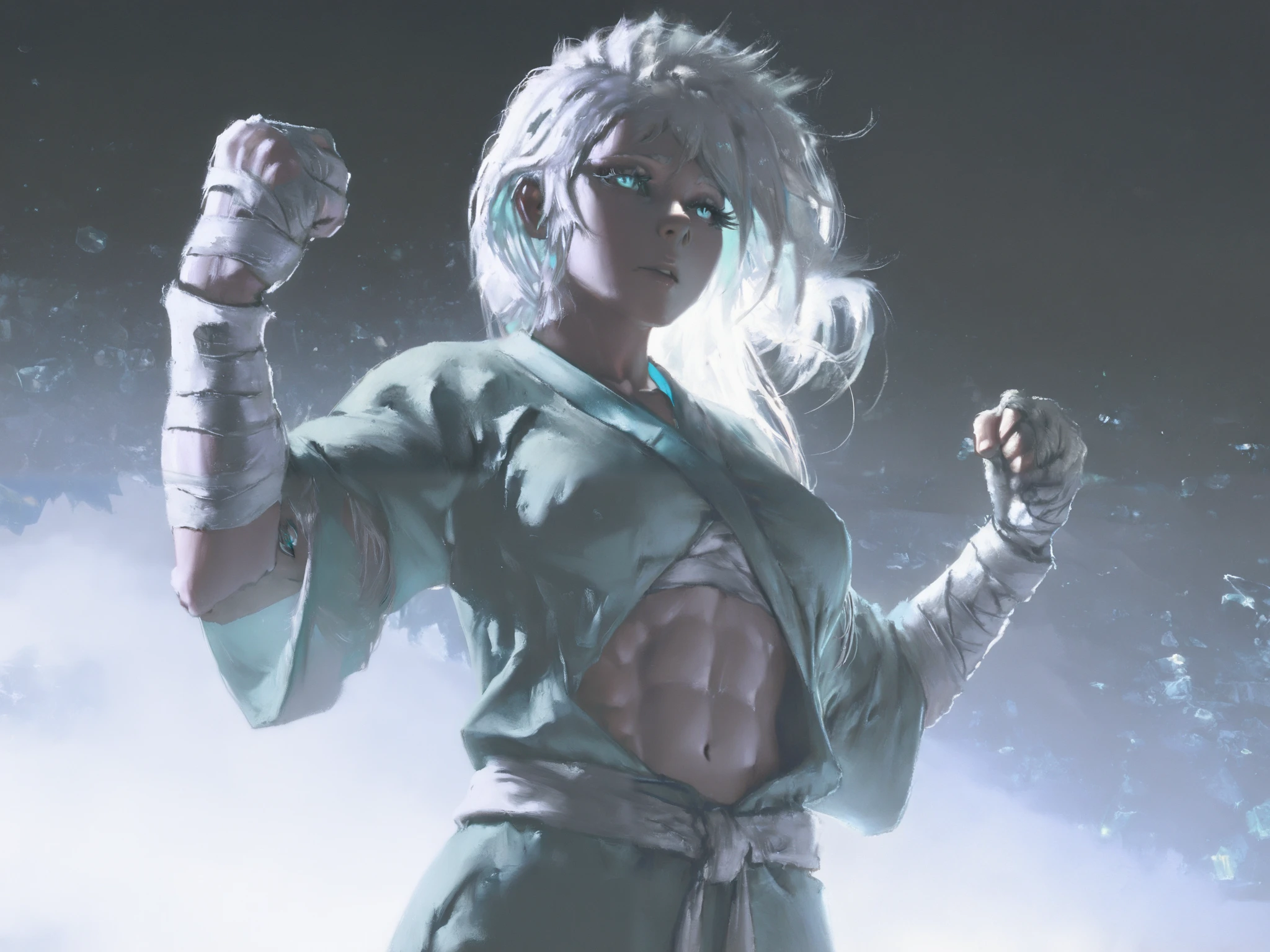 HDR, 8K, high contrast, masterpiece, best quality, amazing quality, very aesthetic, anime artstyle, realistic, hentai art, newest, (artist:incase:0.5), (artist:tsuaii:0.5) ,
BREAK
shiej007, bounce light, hyperdetailed, detailed hair strands, detailed fibers,
portrait, masterpiece, semi-realism, painterly, vivid colors, 3d, realistic, 1girl, icy blue eyes, white hair, monk outfit, toned body, bandaged arms, abs, blue and white color scheme, hair on one eyes, long eyelashes, ice background, dual lighting, rim lighting. dynamic pose, foreshortening