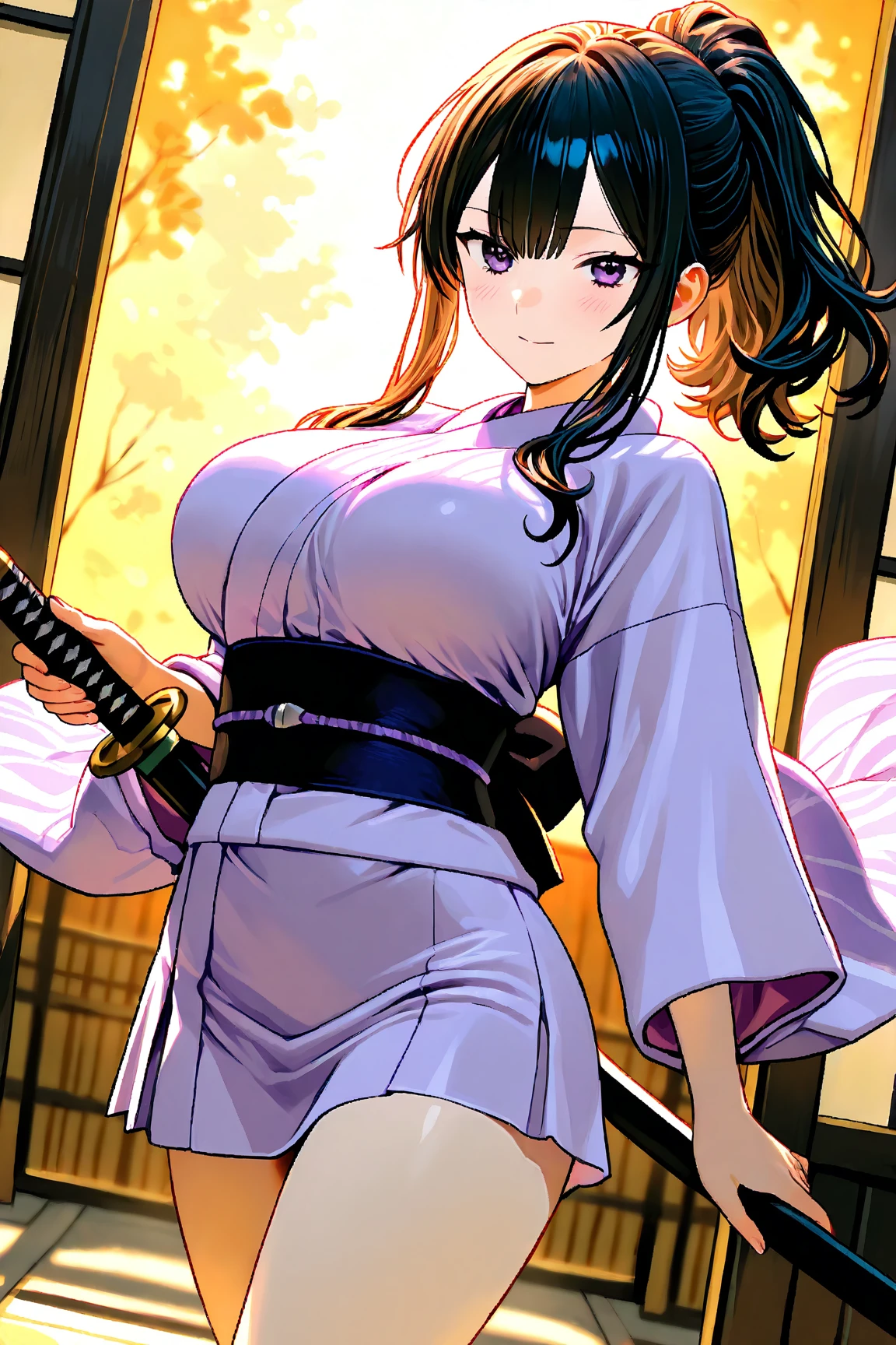 1 woman, Beautiful samurai woman in purple yukata and katana in her hands, and black hair, red eyes, huge breast. She’s in battle position, anime girl with sword, from arknights, badass anime 8 k, she is holding a katana sword, female anime character, katana, female action anime girl, katana zero, katana zero video game character, female samurai, anime style 4 k, unsheathing her katana, inspired by Okumura Masanobu
