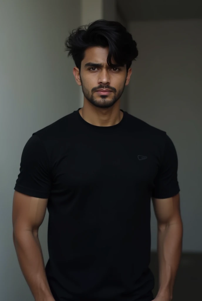 A 28 year old young man, bonitas, athletic body, wearing a black t-shirt tight to the body, super realistico, cinematic effect, short hair in military haircut style with entries, background with dark environment, good lighting as if it were a scene from a movie, 8k, ultra realisitic, sharp, background trees and buildings.
