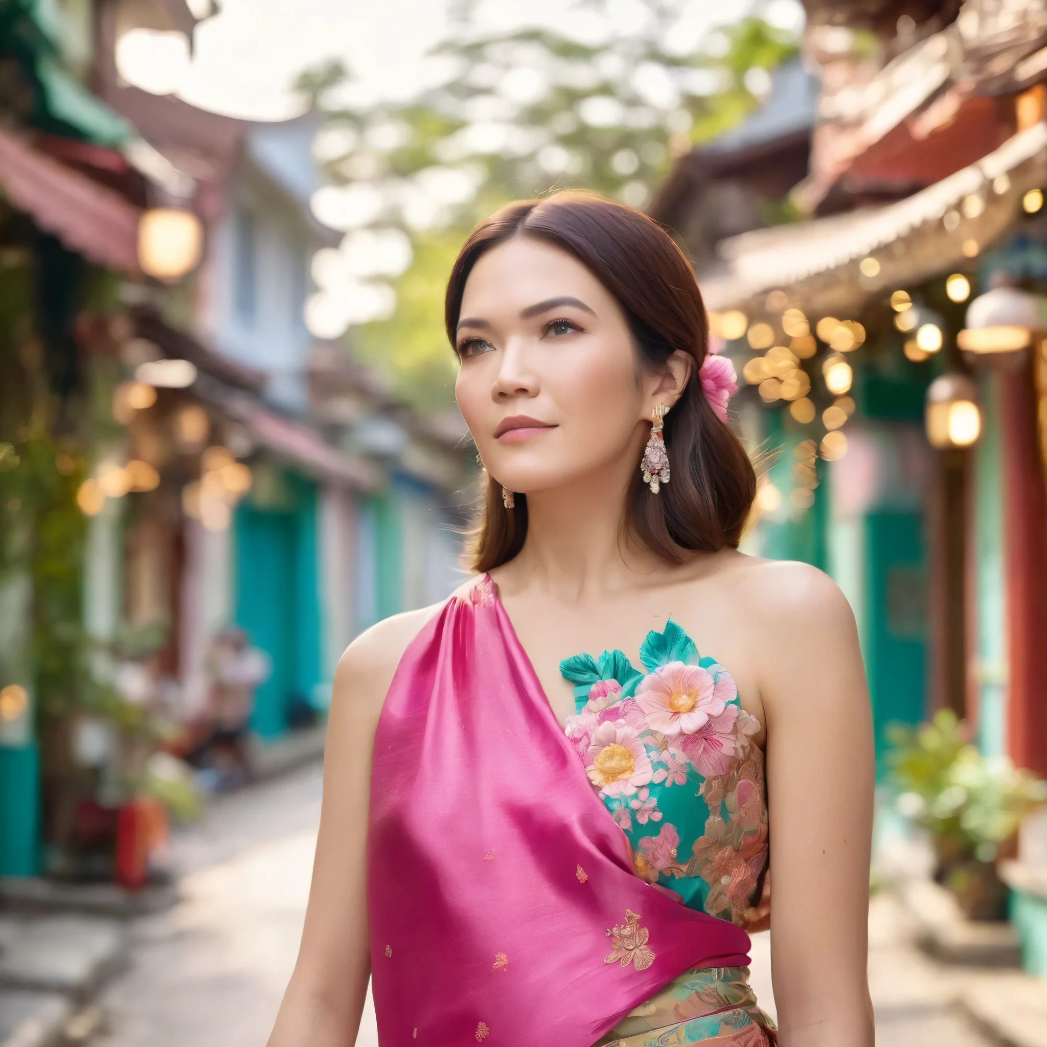 best quality, highres, 8k, masterpiece, photography, detailed midbody photorealistic portrait. Mandy Moore exudes elegance in a fuchsia pink sarong kebaya, intricately embroidered with floral motifs, paired with a vibrant batik wrap skirt. She walks along the iconic Joo Chiat shophouses, her hair styled in an old-Hollywood-inspired wave, pinned to one side with a beaded hair clip. She wears delicate pearl earrings, a vintage Peranakan brooch, and embroidered Nyonya beaded shoes. The scene captures her pausing to admire the pastel-hued Peranakan terrace houses, while holding a traditional Chinese porcelain teacup with delicate floral designs. 40 years old, (real skin texture: 1.3), (slender figure: 1.1), six-pack abs, (Immersive Ambience, Chiaroscuro: 1.5, Dim Light: 1.2, Glow Lighting), (Bokeh: 1.5), Blurred, high contrast, (Fuji colours: 1.5), film grain